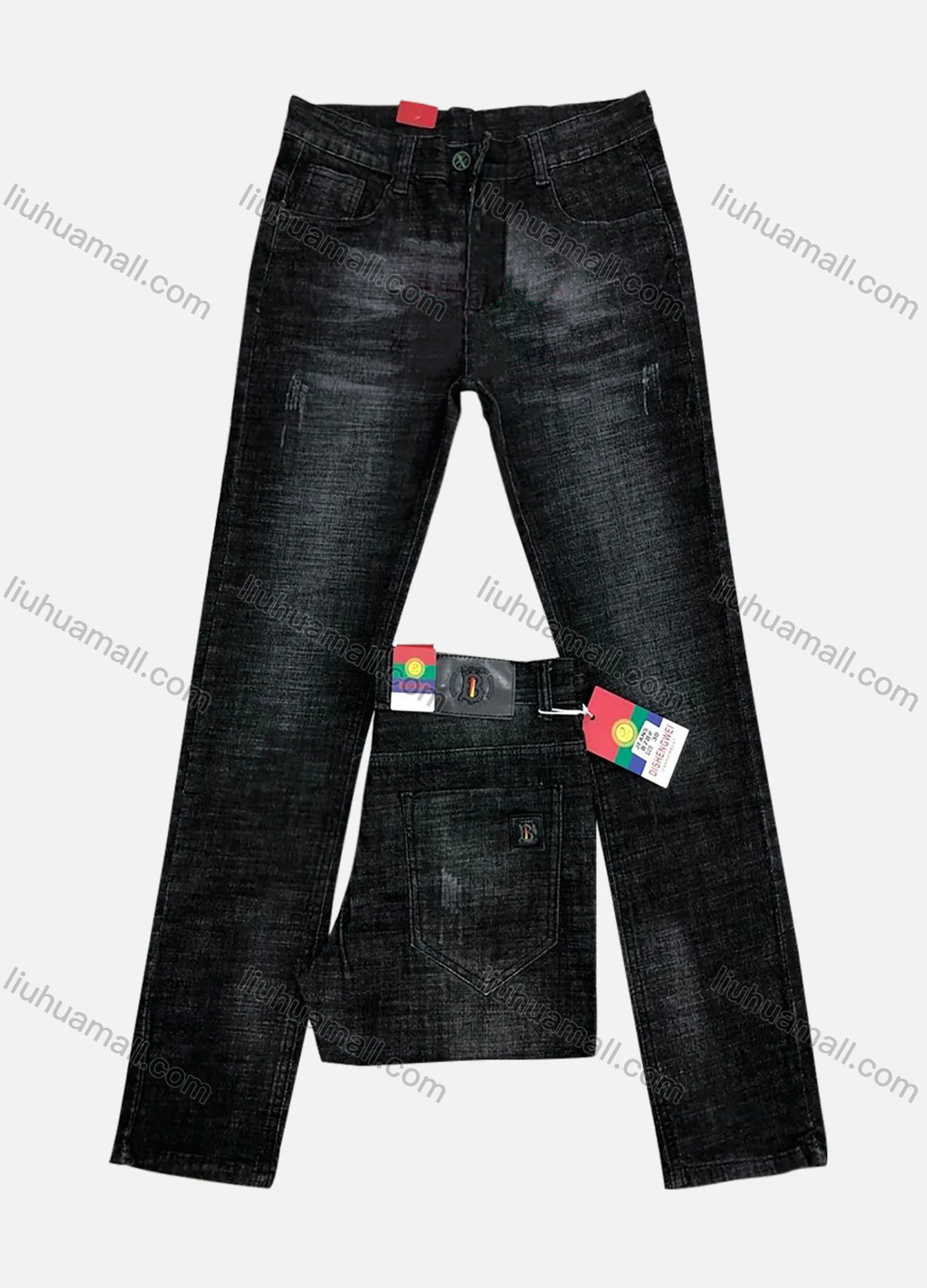 Wholesale Men's Button Zipper Pockets Labelled Frayed Plain Jean 878# - Liuhuamall