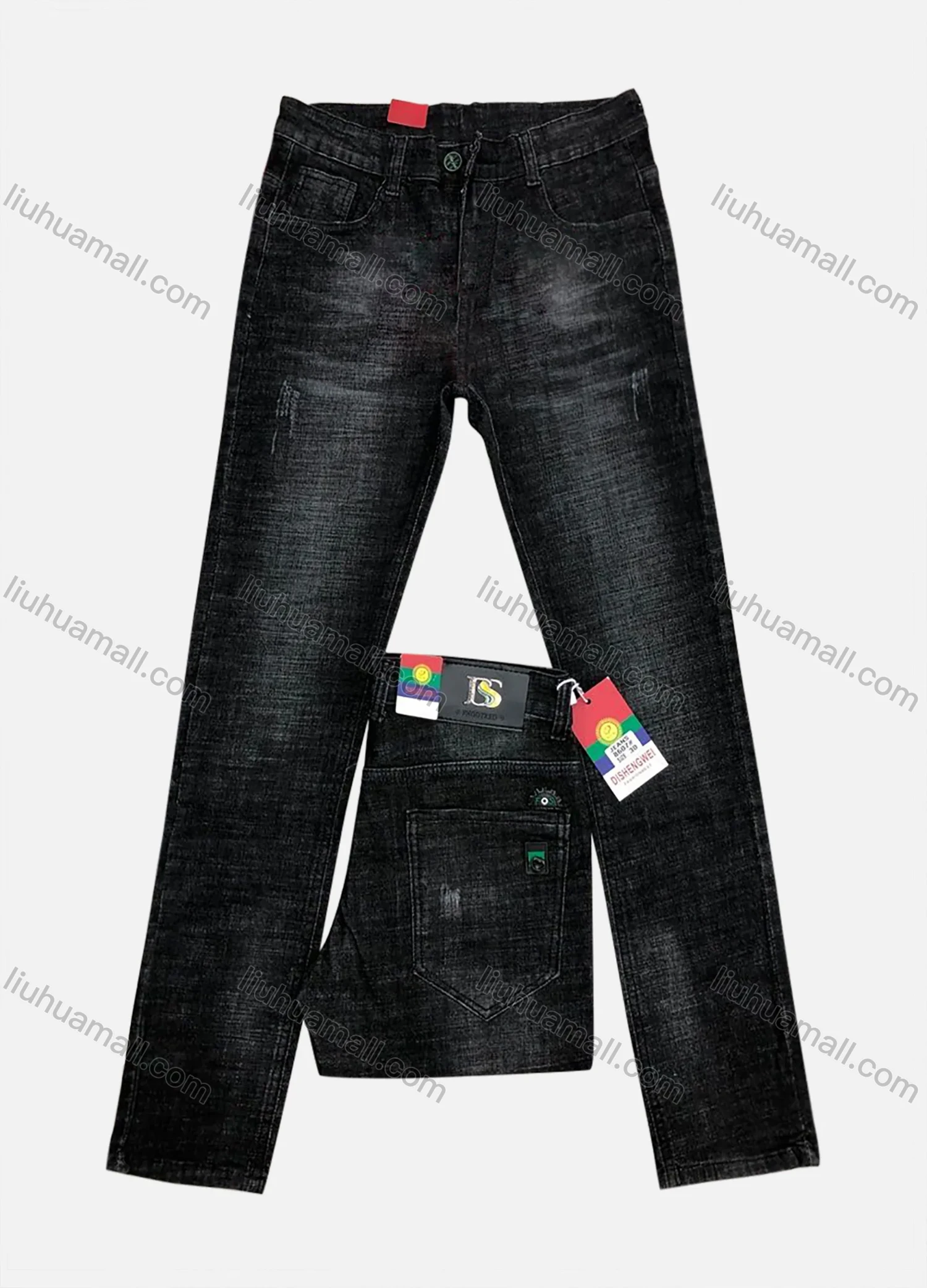Wholesale Men's Button Zipper Pockets Labelled Frayed Plain Casual Jean 8607# - Liuhuamall