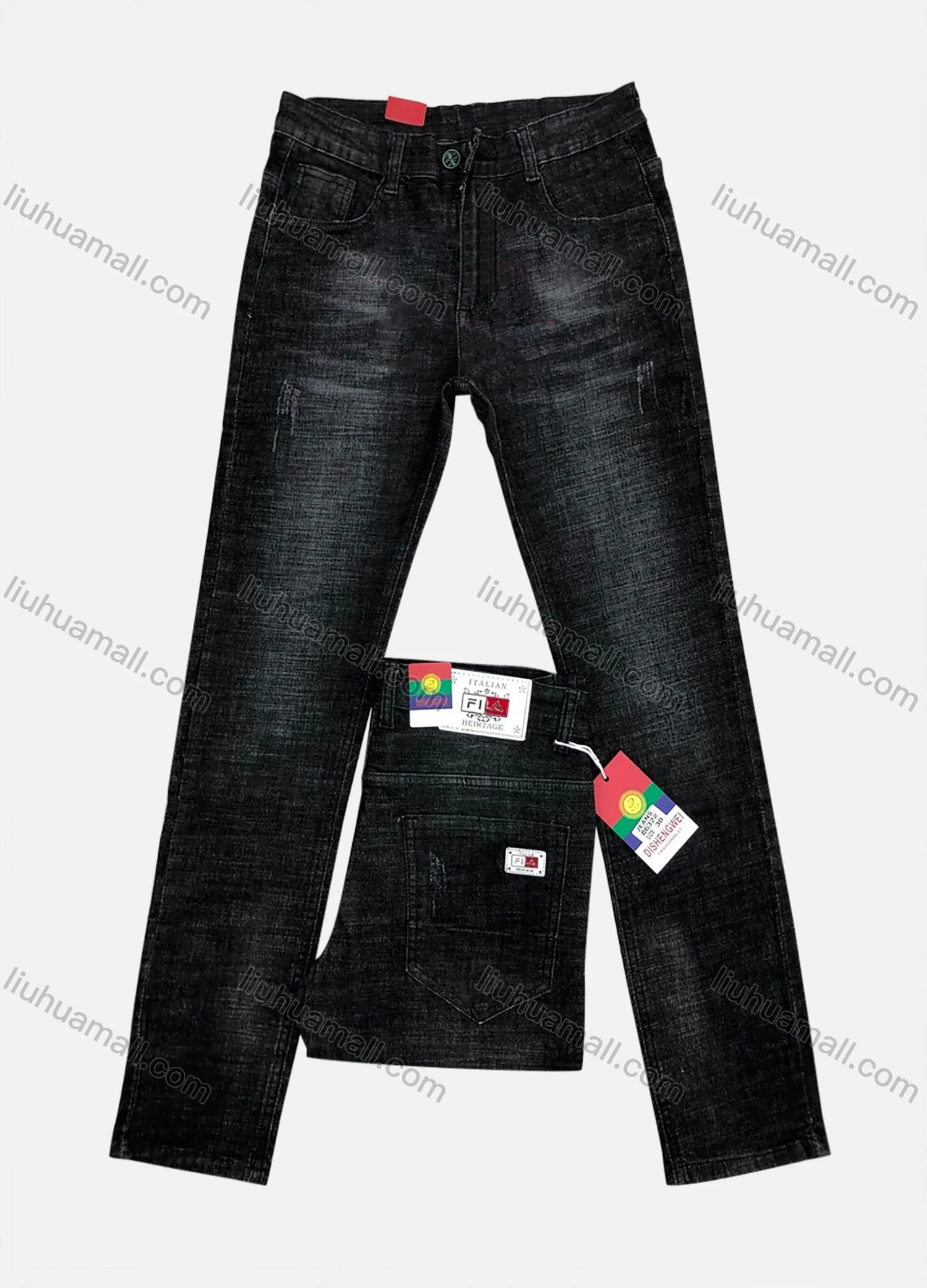Wholesale Men's Casual Button Zipper Pockets Labelled Frayed Plain Jean 8632# - Liuhuamall