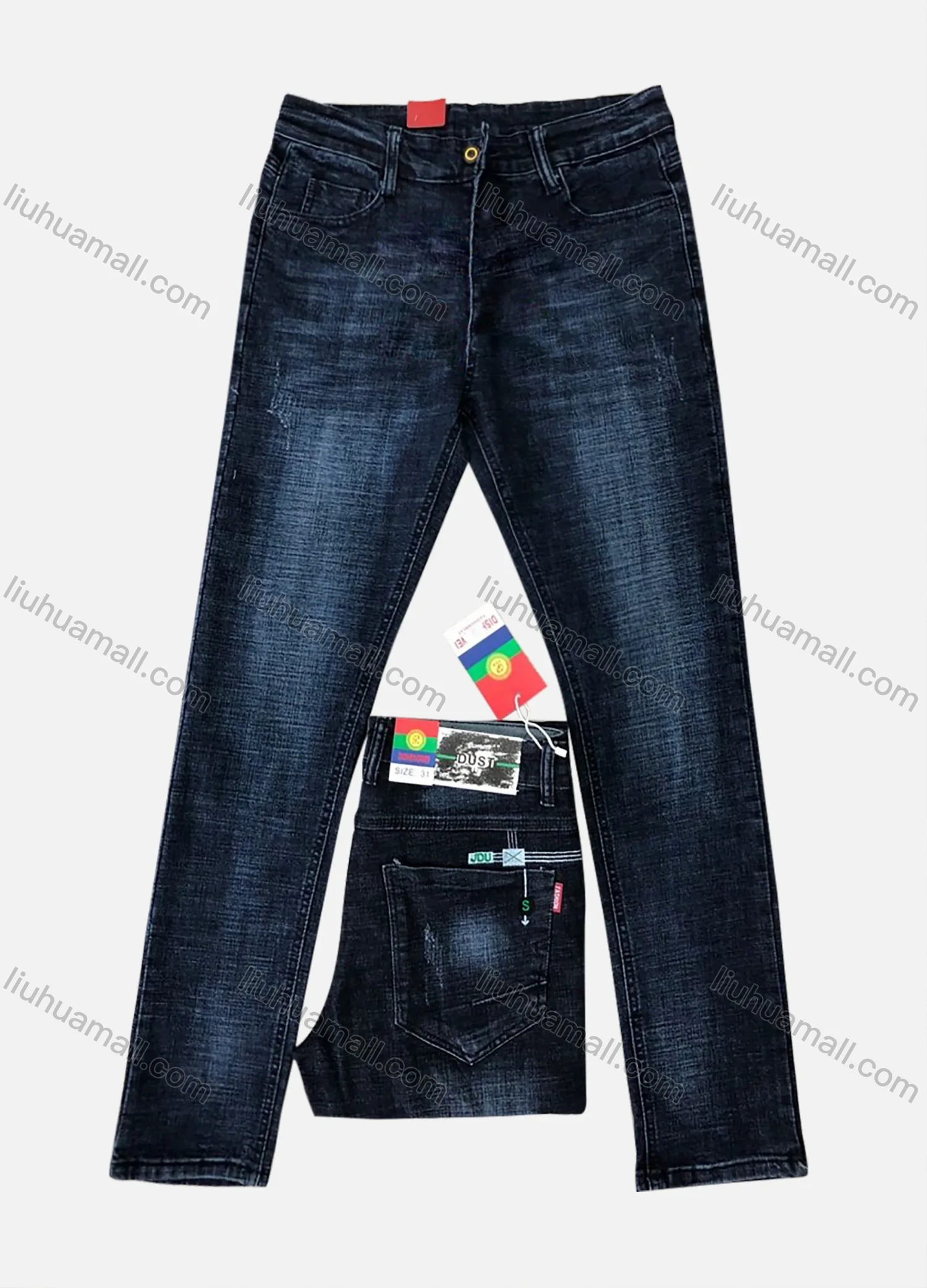 Wholesale Men's Casual Button Pockets Frayed Labelled Embroidered Plain Jean 2027# - Liuhuamall