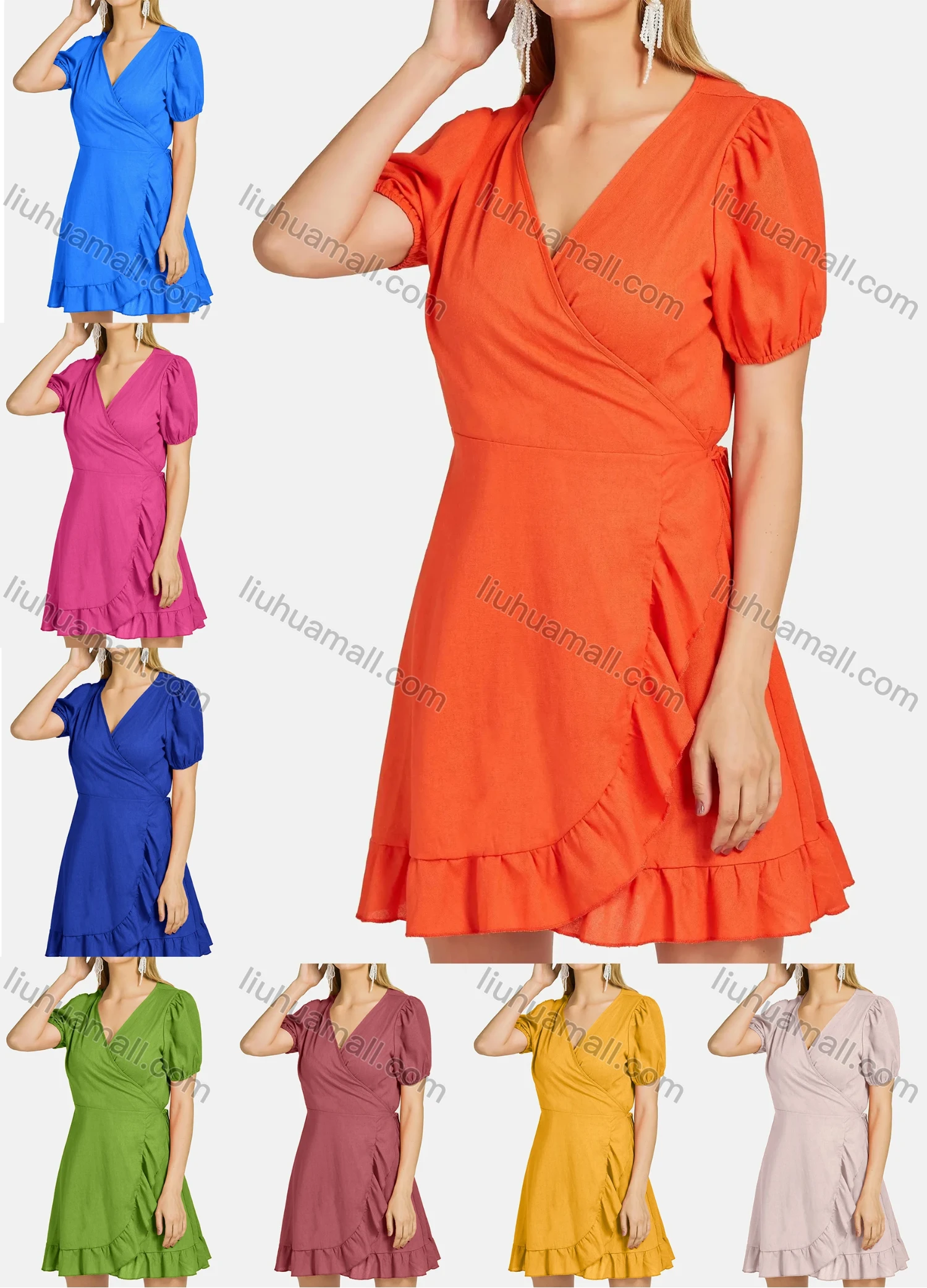 Wholesale Women's Wrap V-neck Puff Sleeve Wrap Ruffle Hem Plain Short Dress - Liuhuamall