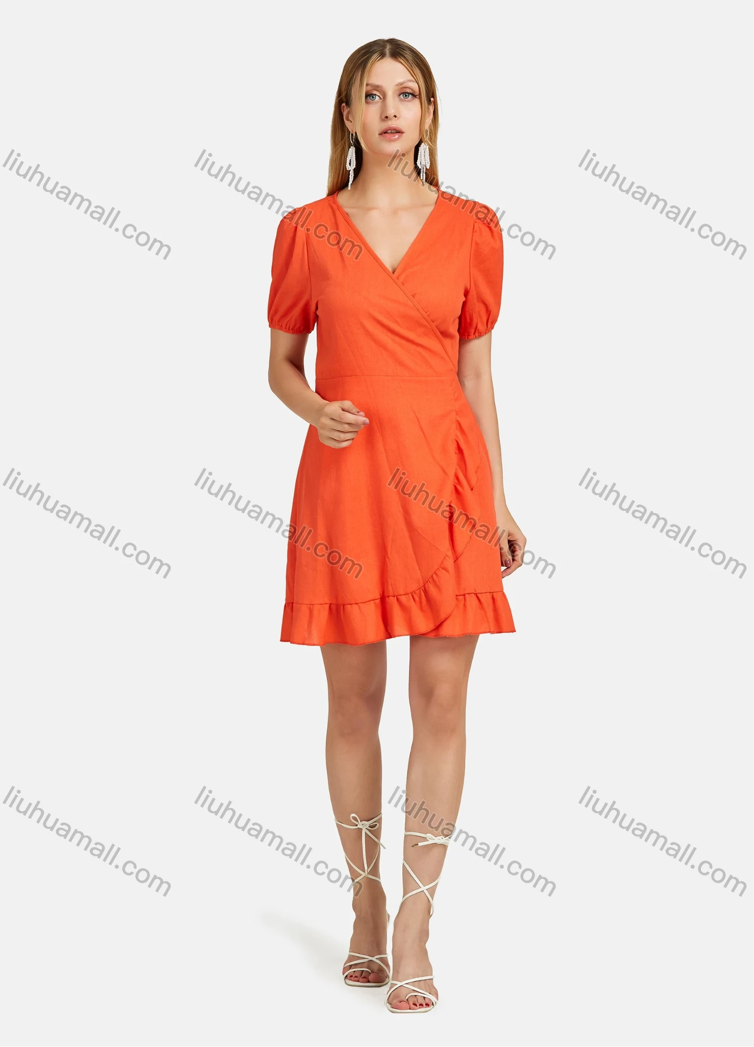 Wholesale Women's Wrap V-neck Puff Sleeve Wrap Ruffle Hem Plain Short Dress - Liuhuamall