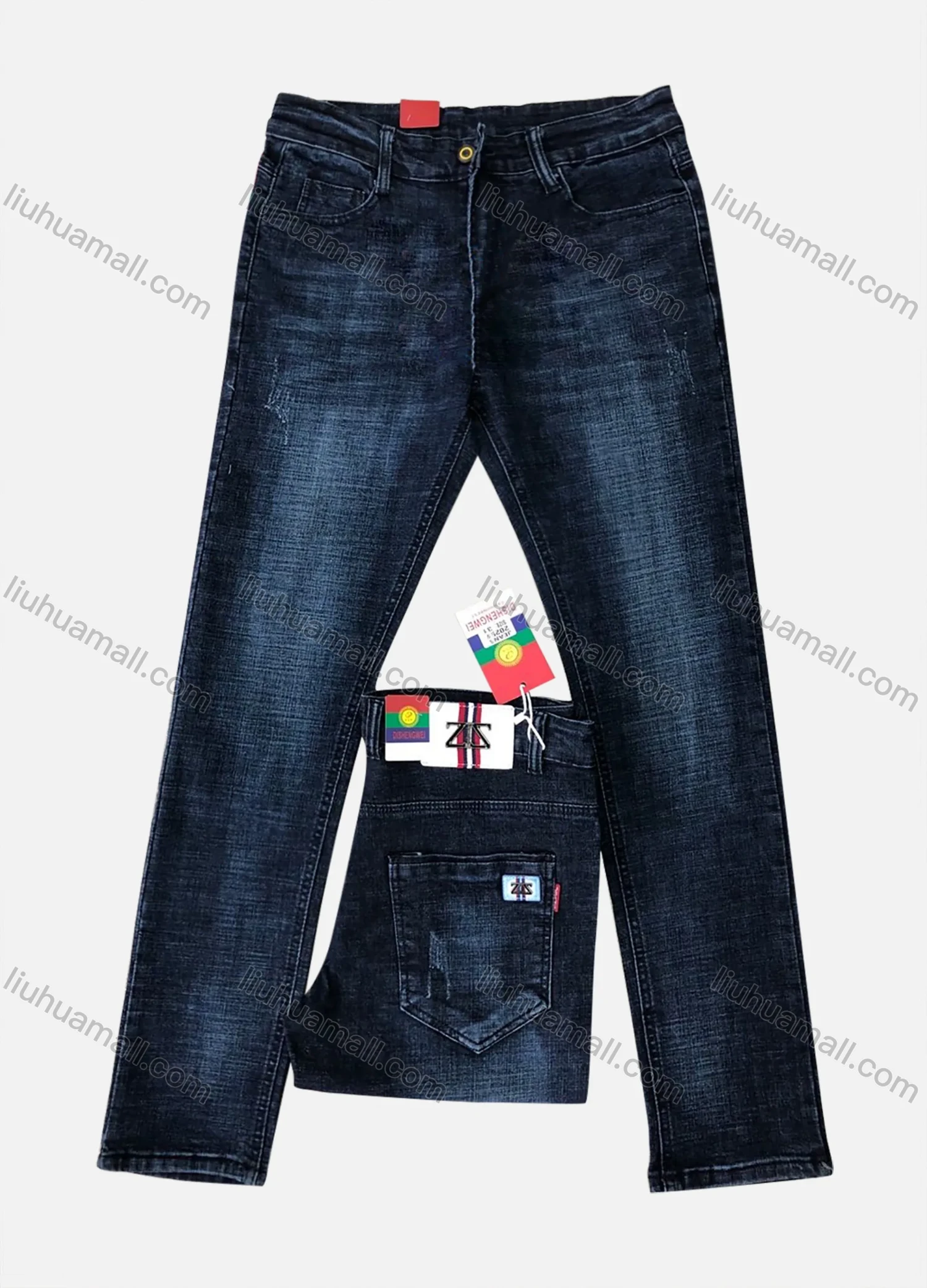 Wholesale Men's Button Pockets Frayed Labelled Plain Casual Jean 2029# - Liuhuamall