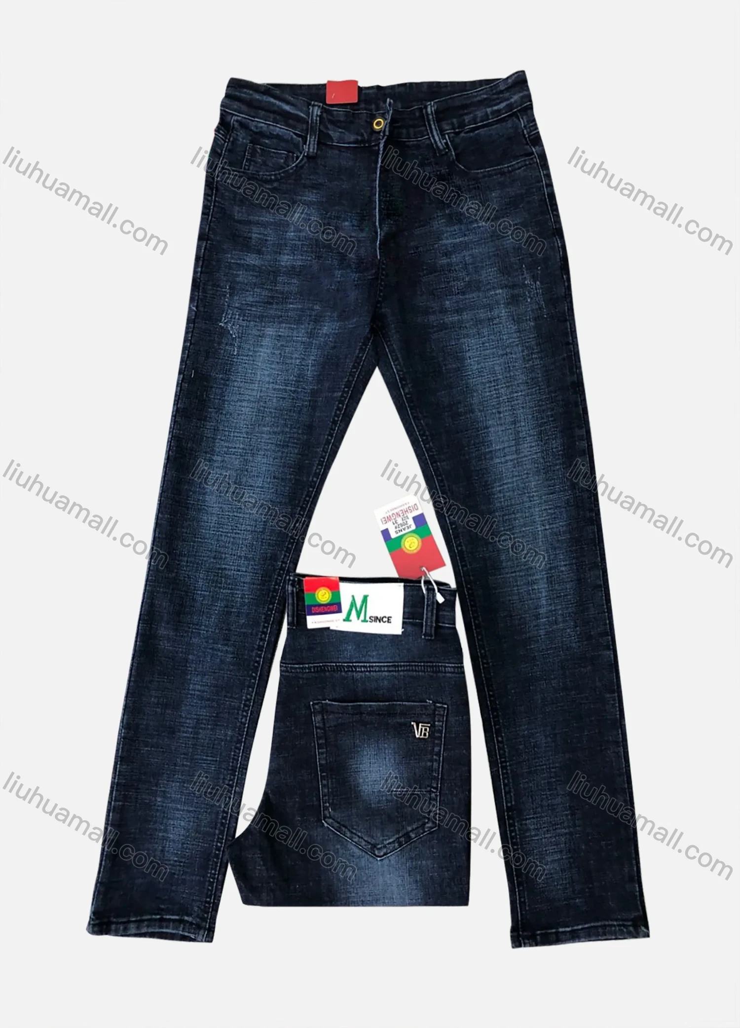 Wholesale Men's Button Pockets Frayed Labelled Embroidered Letter Plain Jean 2062# - Liuhuamall