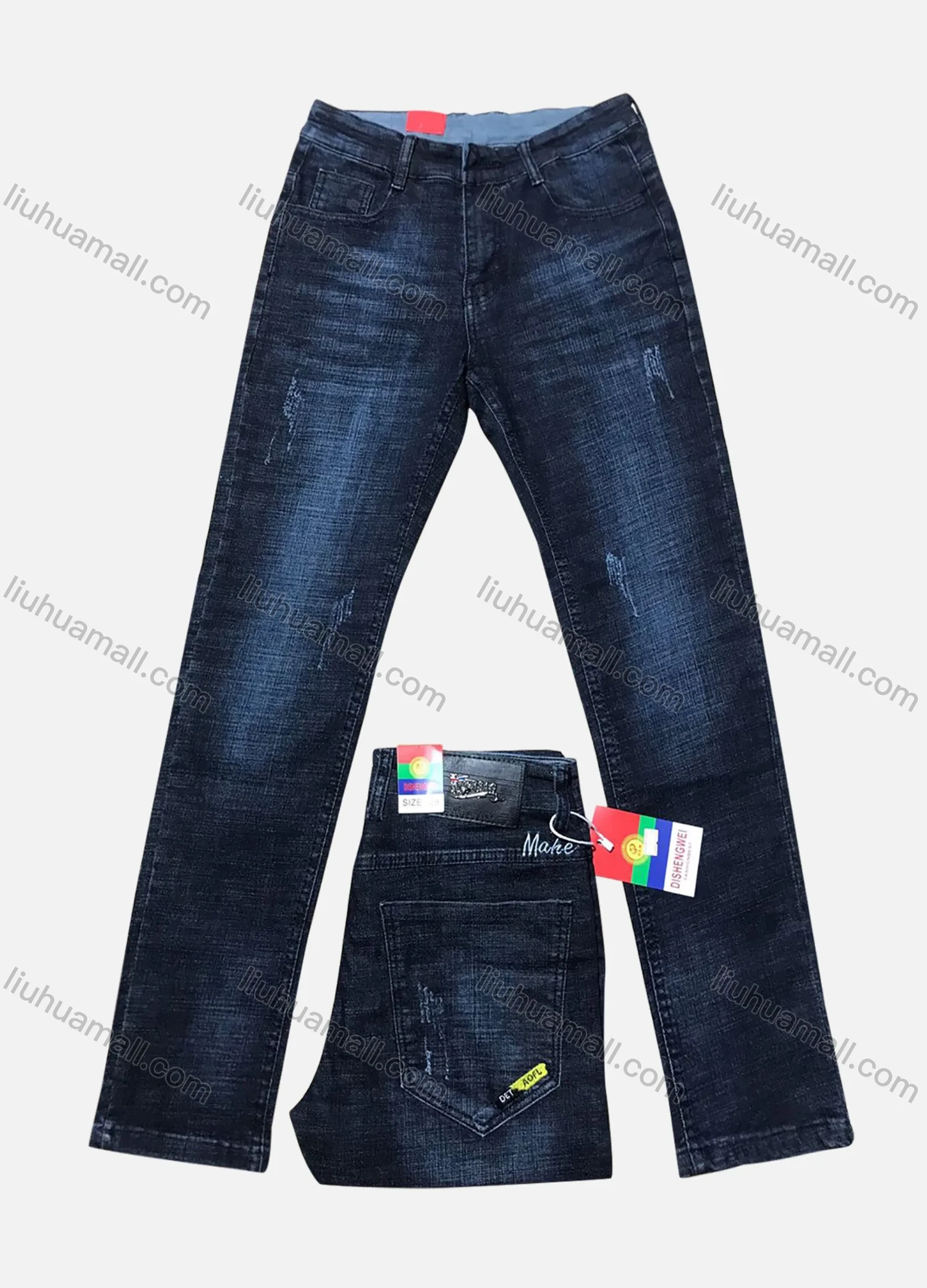 Wholesale Men's Zipper Pockets Labelled Frayed Embroidered Letter Plain Jean 2023# - Liuhuamall