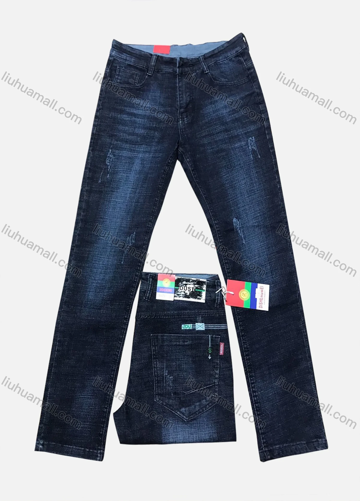 Wholesale Men's Casual Zipper Pockets Labelled Frayed Embroidered Letter Plain Jean 2027# - Liuhuamall