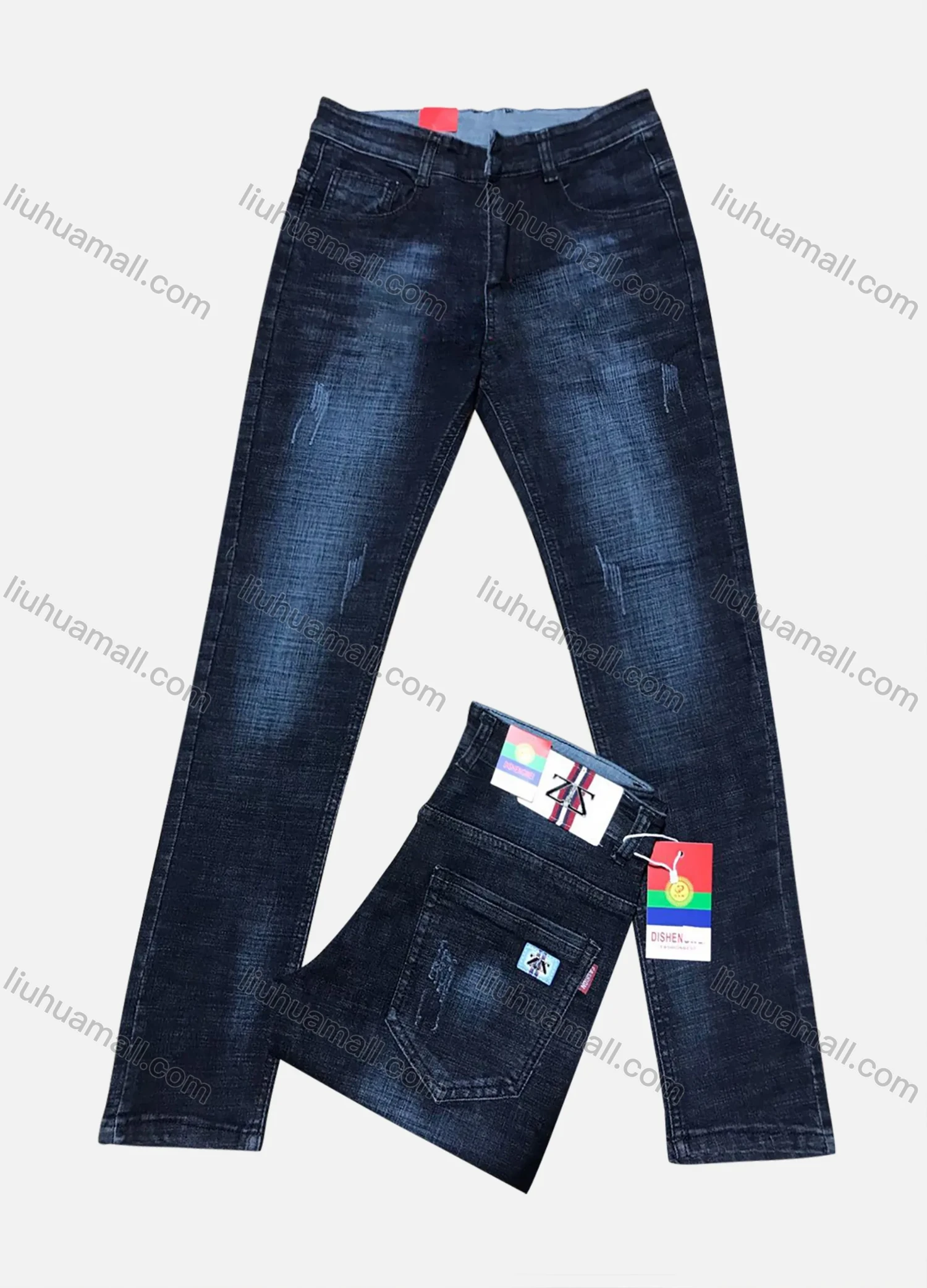 Wholesale Men's Casual Zipper Pockets Labelled Frayed Plain Jean 2029# - Liuhuamall