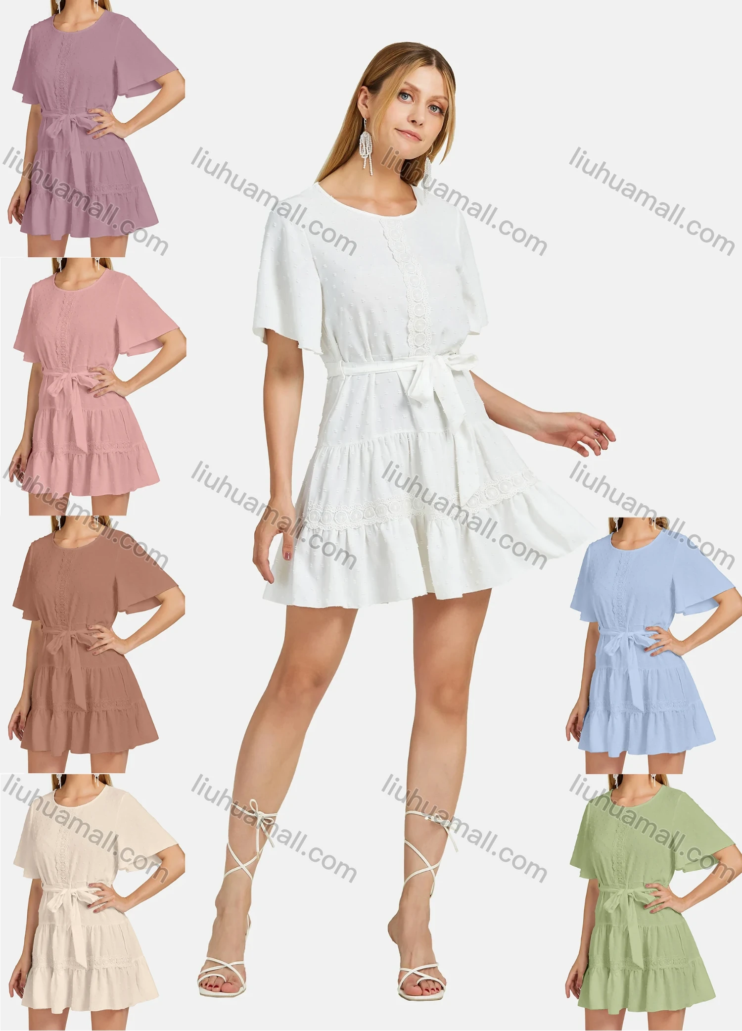 Wholesale Women's Round Neck Short Sleeve Swiss Dot Embroidered Ruffle Hem Plain Dress - Liuhuamall