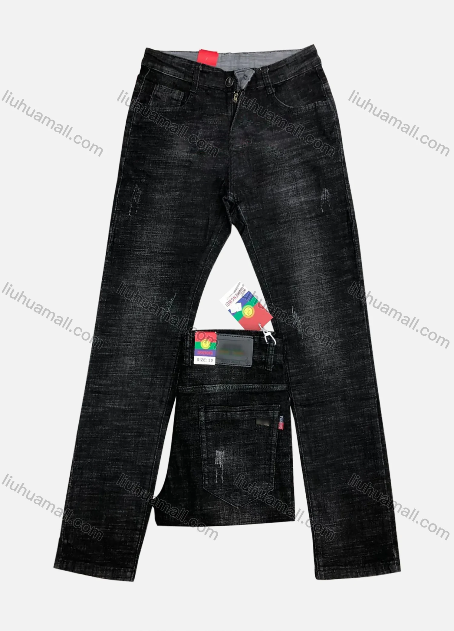Wholesale Men's Casual Zipper Pockets Labelled Frayed Plain Jean 8631# - Liuhuamall