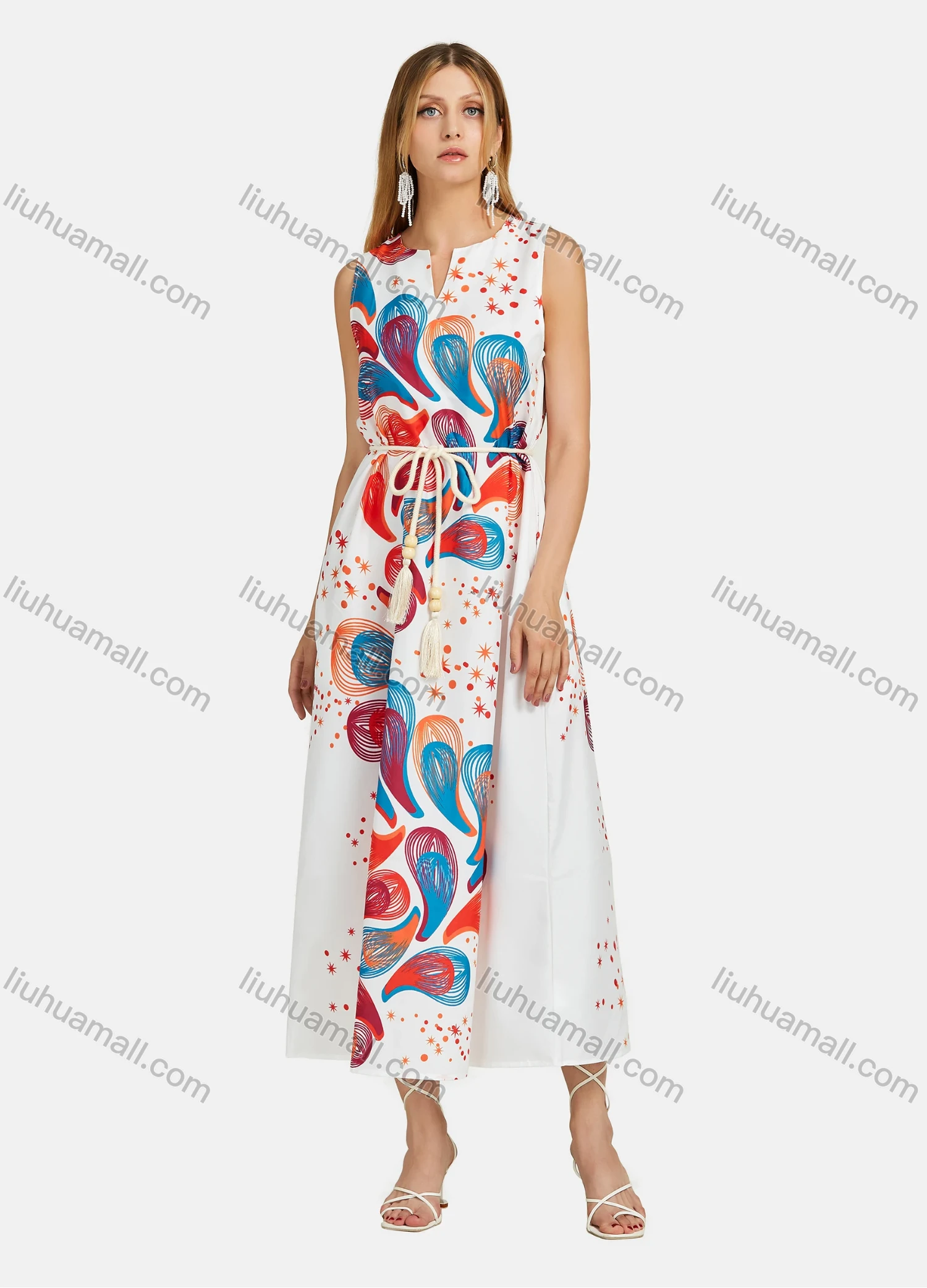Wholesale Women's Notched Neck Sleeveless Abstract Print Midi Tank Dress With Belt - Liuhuamall
