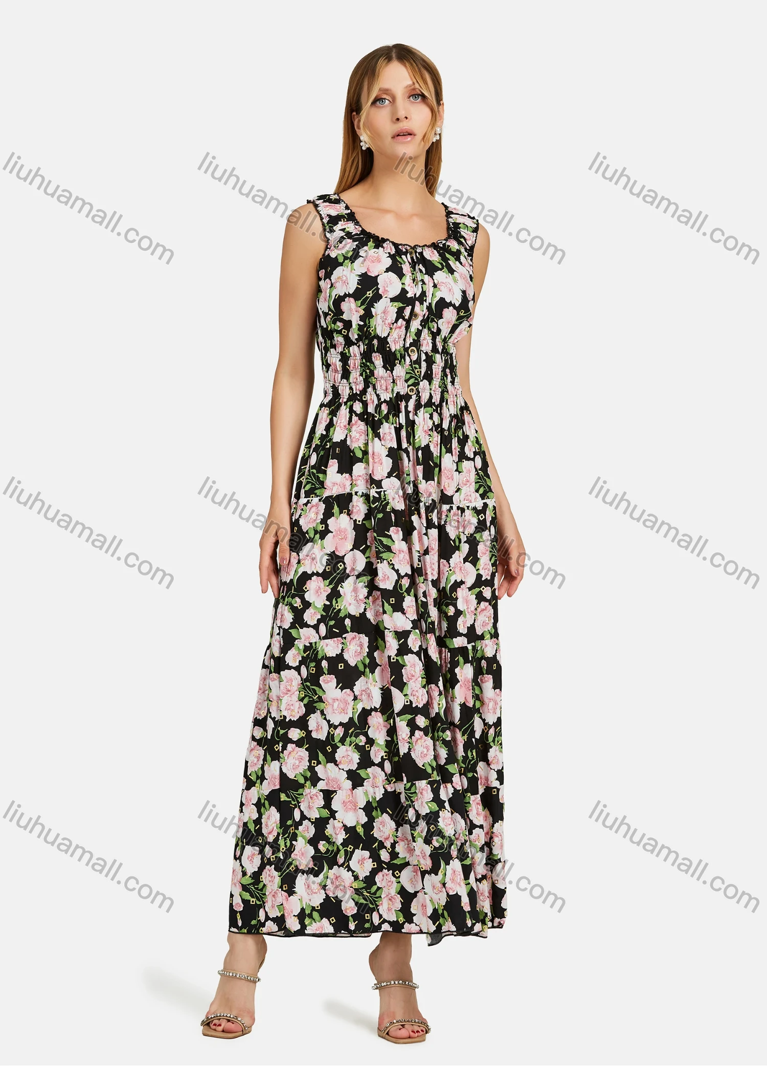 Wholesale Women's Scoop Neck Sleeveless Buttons Front Shirred Floral Print Maxi Tank Dress - Liuhuamall