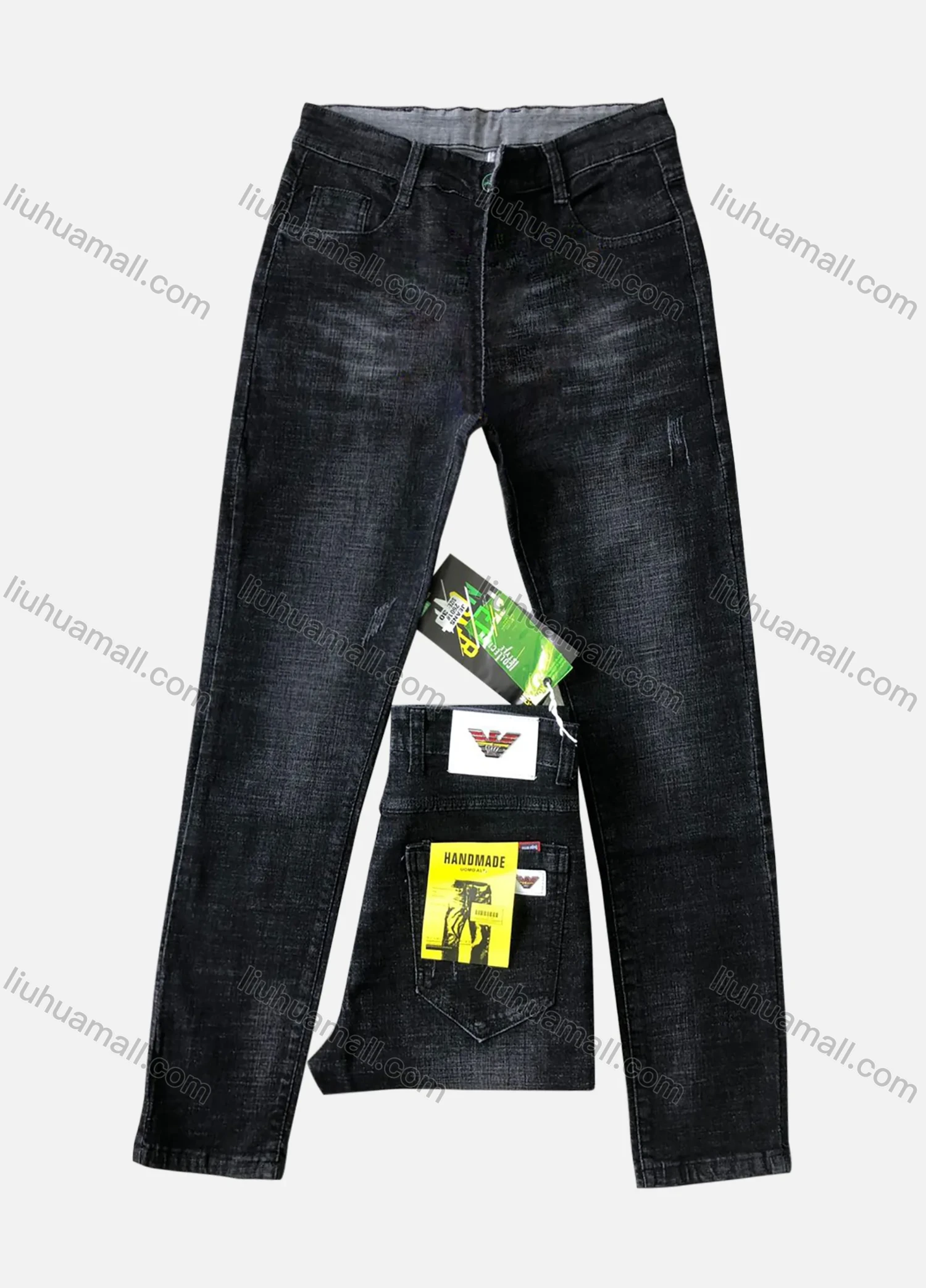 Wholesale Men's Button Pockets Labelled Frayed Plain Thick High Stretch Jean 2601# - Liuhuamall