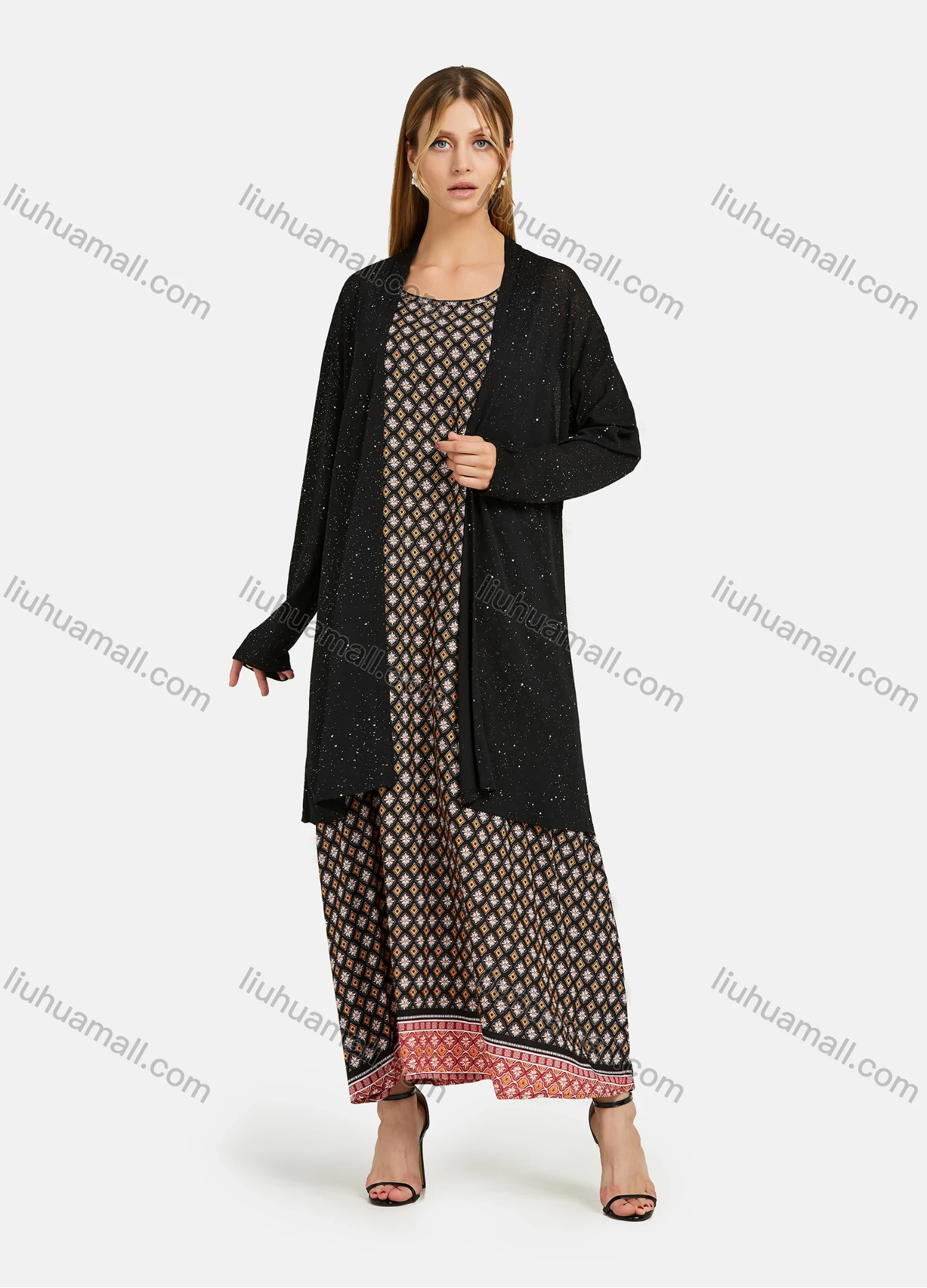 Wholesale Women's Round Neck Sleeveless Argyle Folkloric Print Maxi Dress Without Cardigan - Liuhuamall