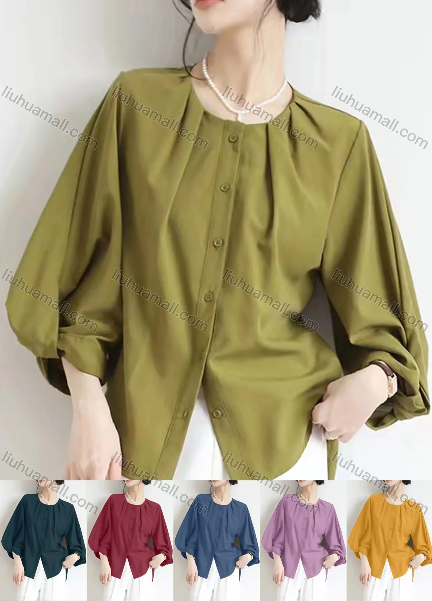 Wholesale Women's Casual Crew Neck 3/4 Sleeve Ruched Button Down Plain Blouse - Liuhuamall