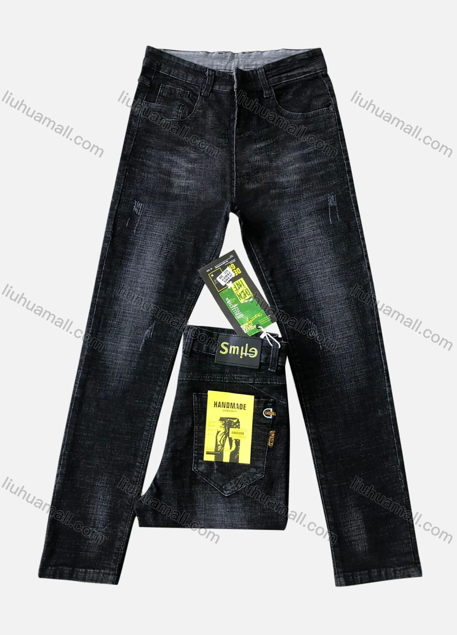 Wholesale Men's Button Pockets Labelled Frayed Embroidered Letter Plain Thick High Stretch Jean 2602# - Liuhuamall