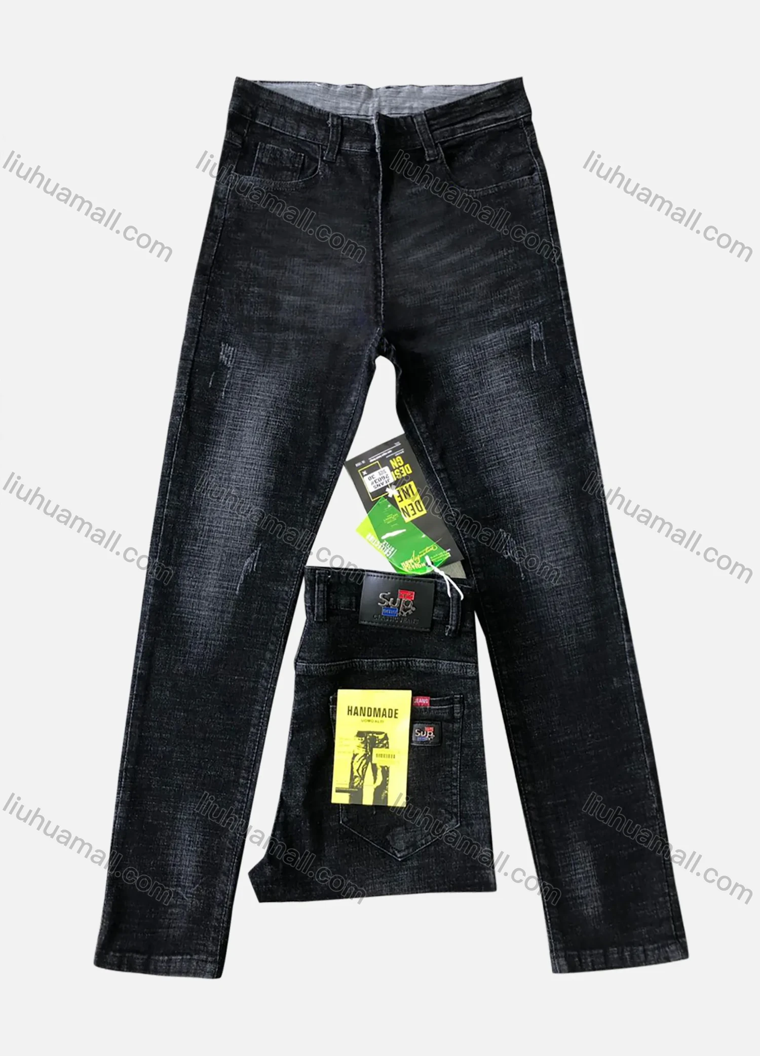 Wholesale Men's Button Pockets Labelled Frayed Plain Thick High Stretch Jean 2603# - Liuhuamall