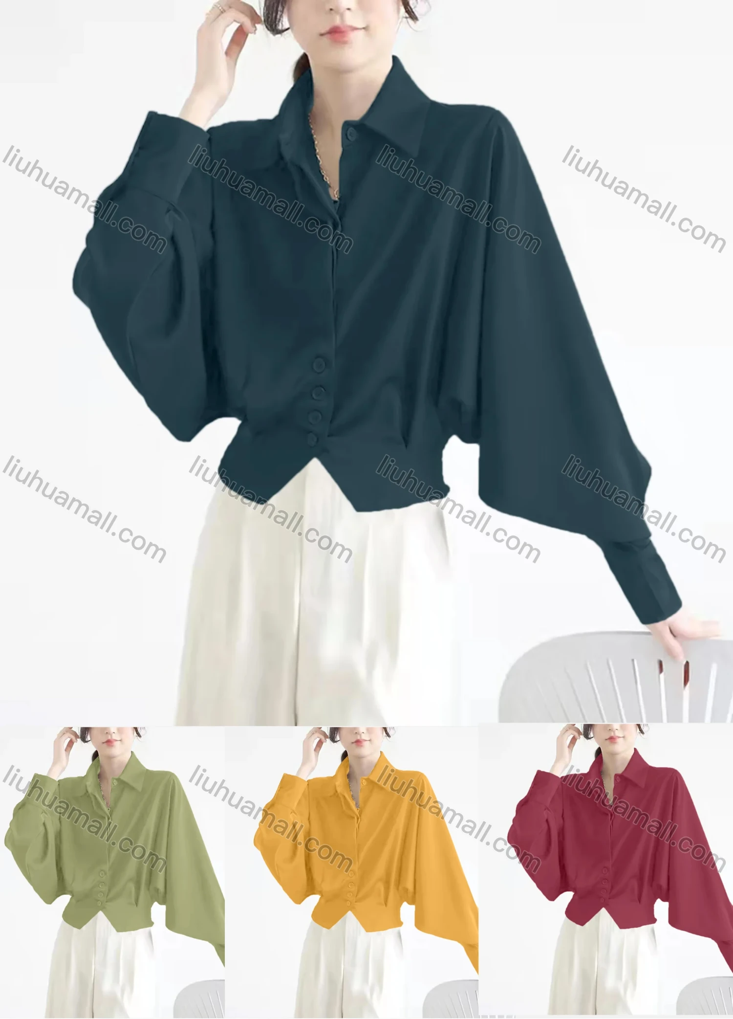 Wholesale Women's Casual Collared Leg of Mutton Sleeve Button Down Notched Hem Plain Blouse - Liuhuamall