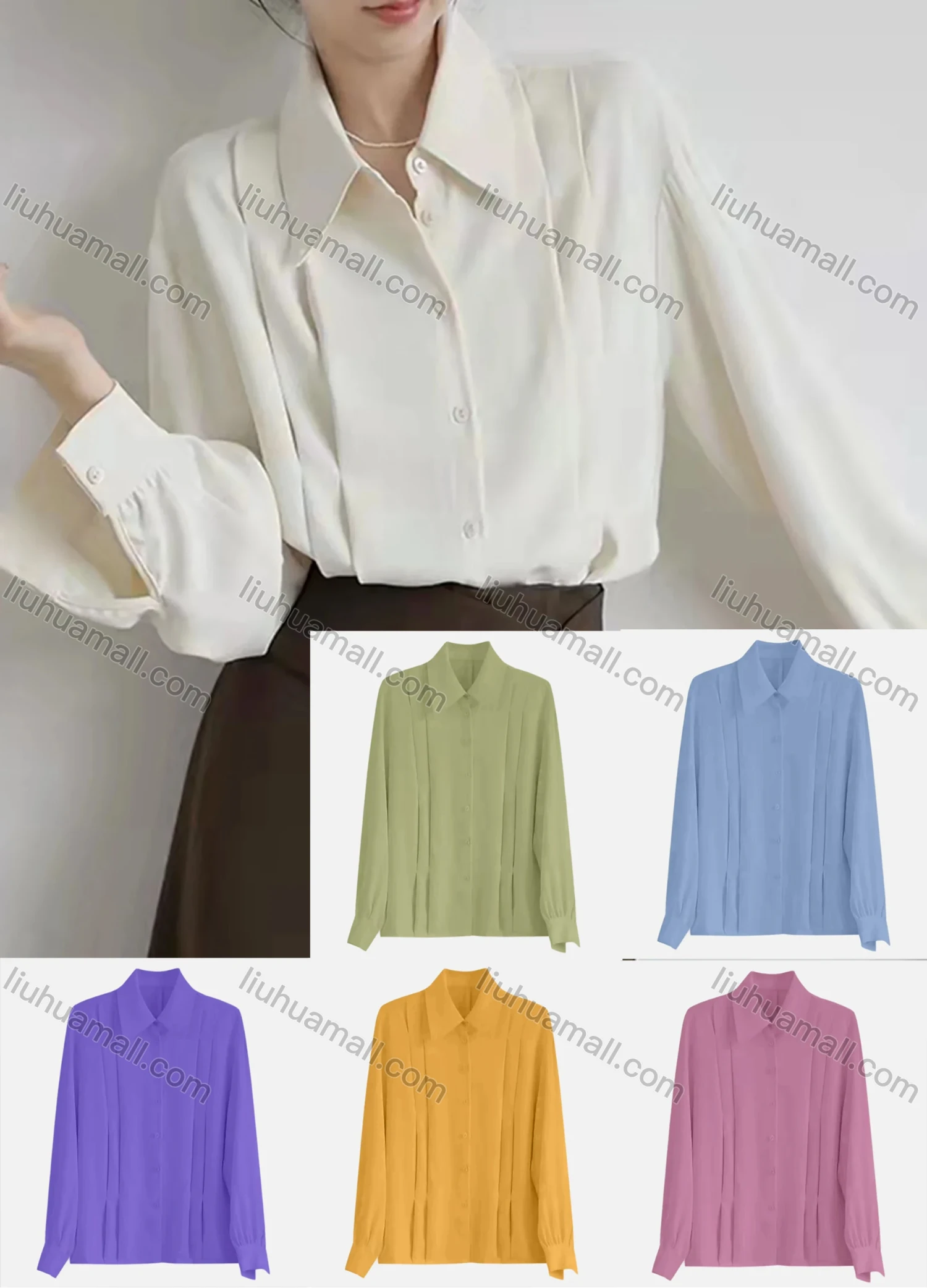 Wholesale Women's Casual Collared Shirt Sleeve Ruched Button Down Plain Shirt 783803# - Liuhuamall