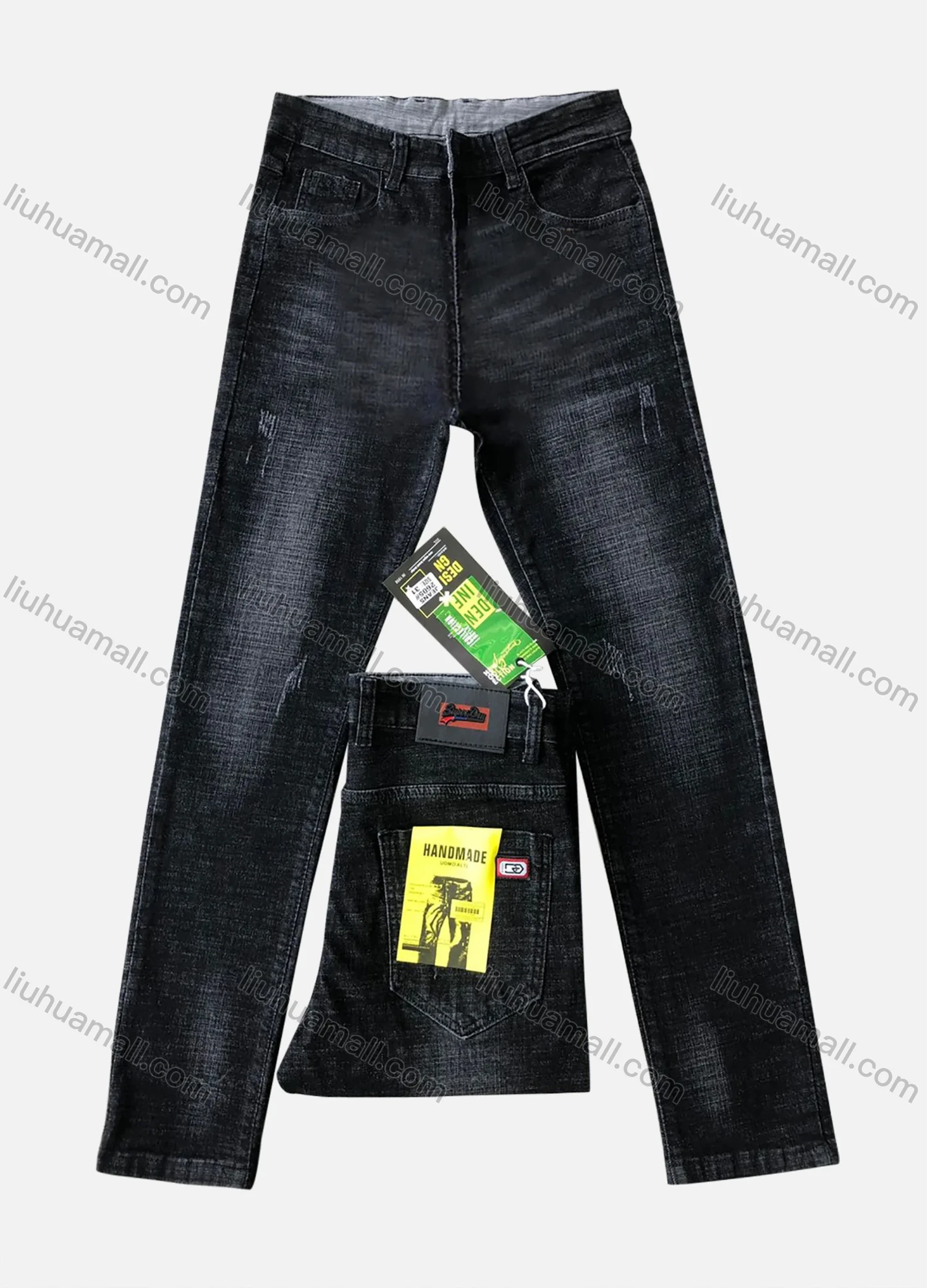 Wholesale Men's Casual Button Pockets Labelled Frayed Plain Thick High Stretch Jean 2605# - Liuhuamall