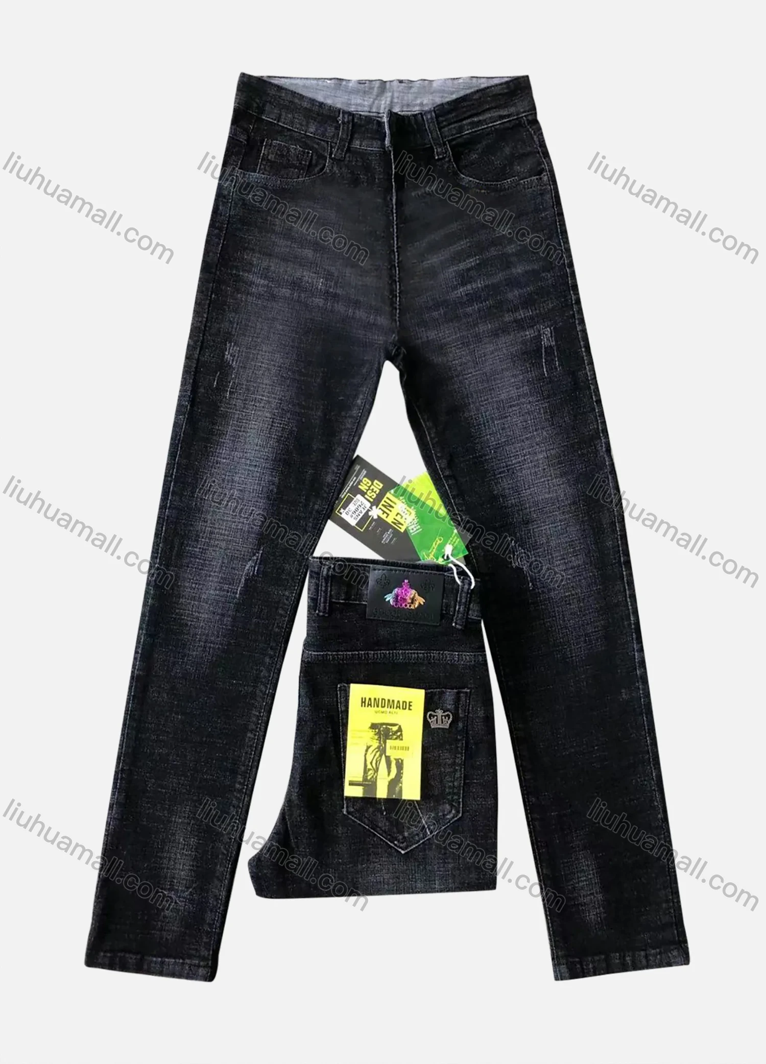 Wholesale Men's Casual Zipper Pockets Labelled Frayed Plain Thick High Stretch Jean 2606# - Liuhuamall