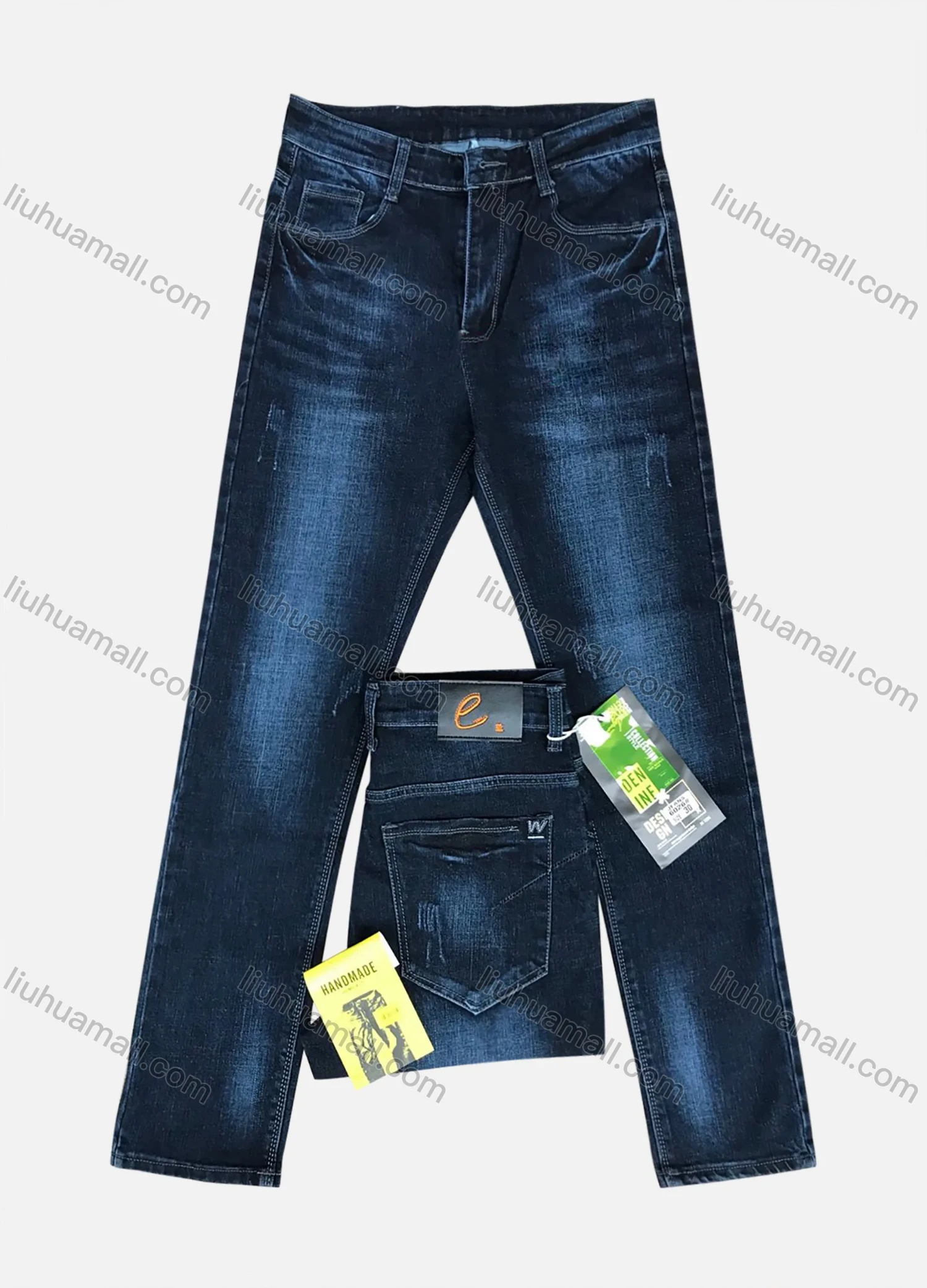 Wholesale Men's Zipper Pockets Labelled Frayed Plain Thick High Stretch Jean 6026# - Liuhuamall