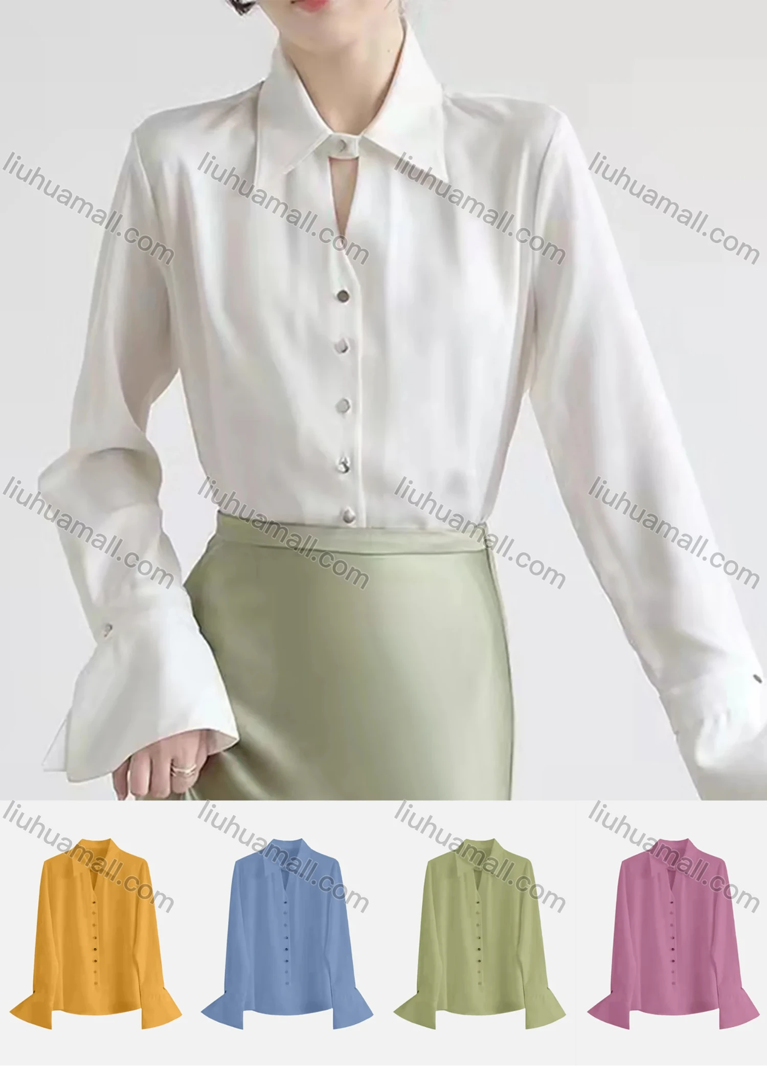 Wholesale Women's Casual Keyhole Neck Trumpet Sleeve Button Down Plain Shirt 823964# - Liuhuamall