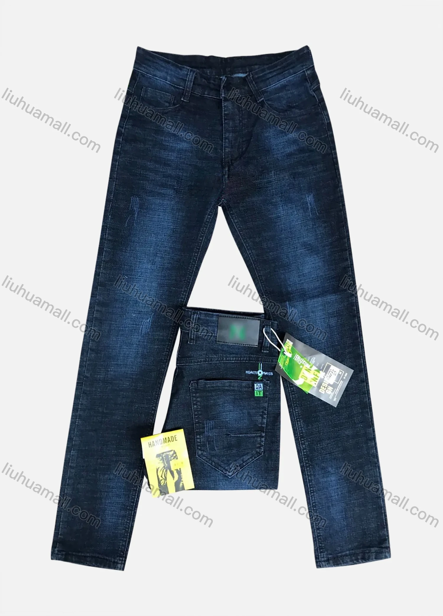 Wholesale Men's Casual Zipper Pockets Labelled Frayed Embroidered Letter Plain Thick High Stretch Jean 6027# - Liuhuamall