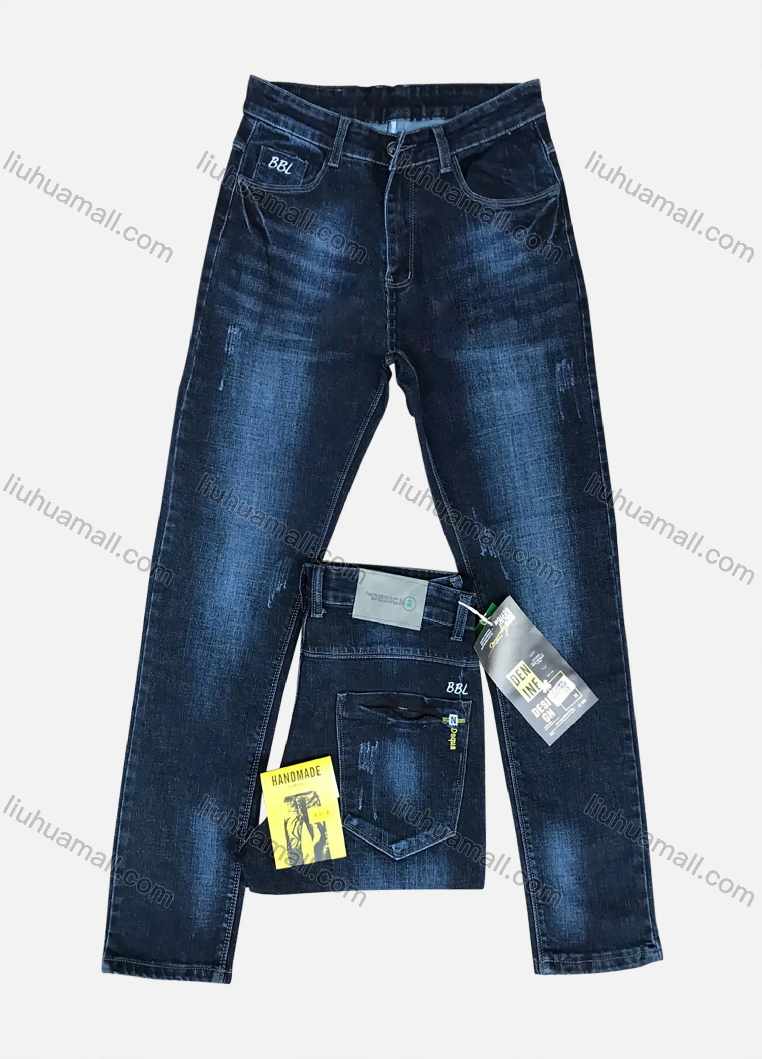 Wholesale Men's Zipper Pockets Embroidered Letter Labelled Frayed Plain Thick High Stretch Jean 6028# - Liuhuamall