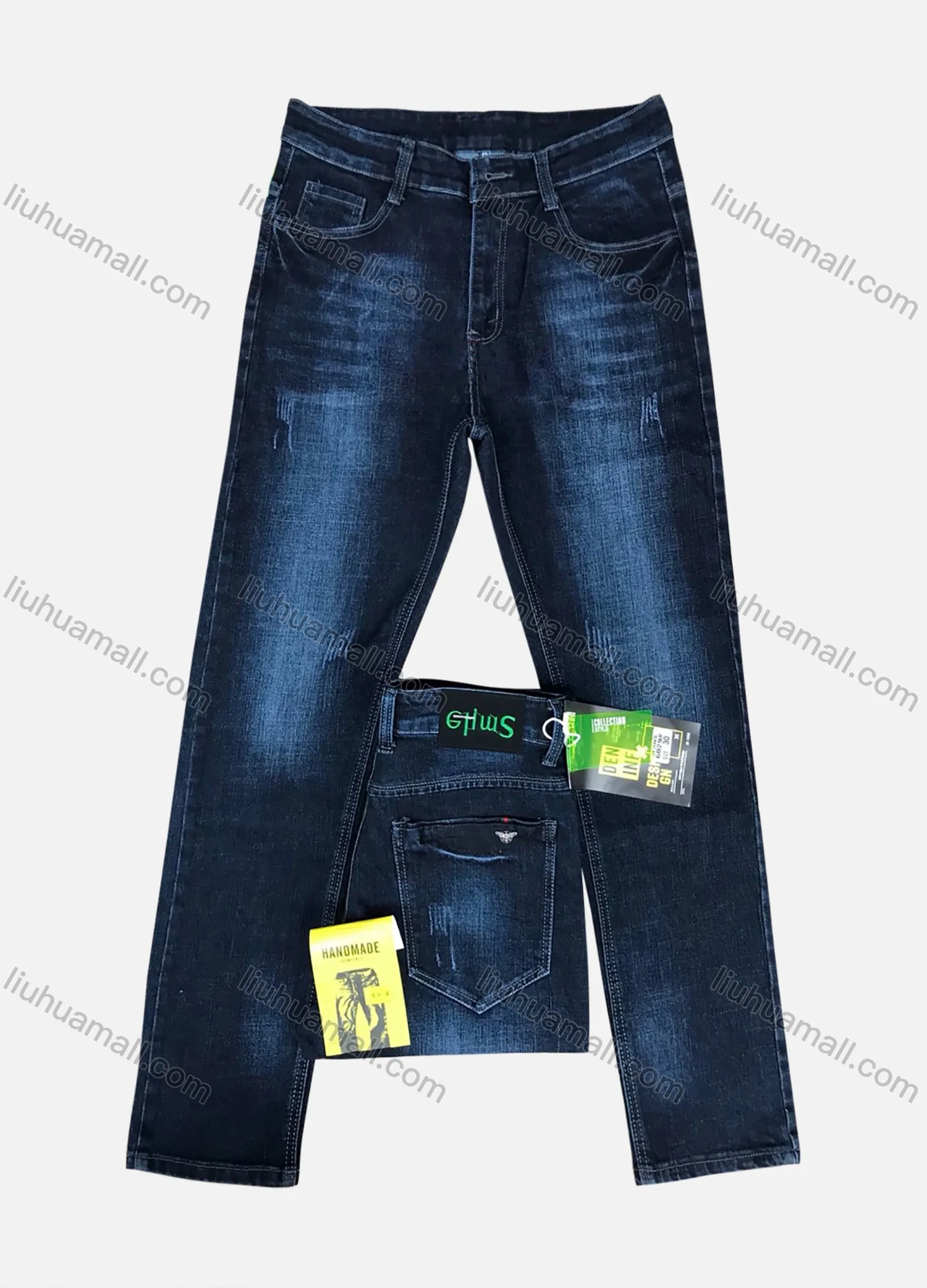 Wholesale Men's Zipper Pockets Labelled Frayed Plain Thick High Stretch Jean 6029# - Liuhuamall