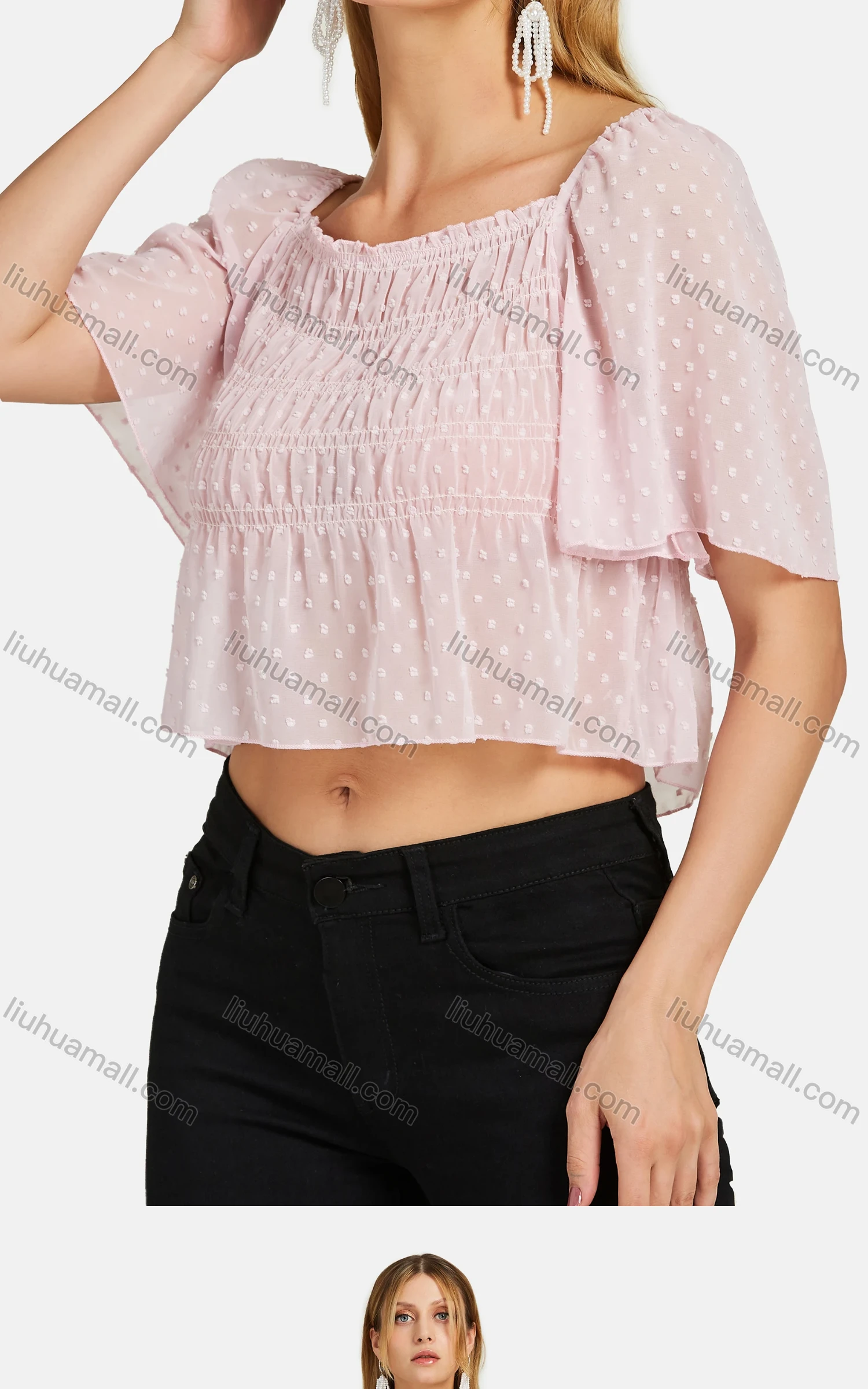 Wholesale Women's Causal Square Neck Solid Swiss Dot Crop Blouse A1625-9486# - Liuhuamall