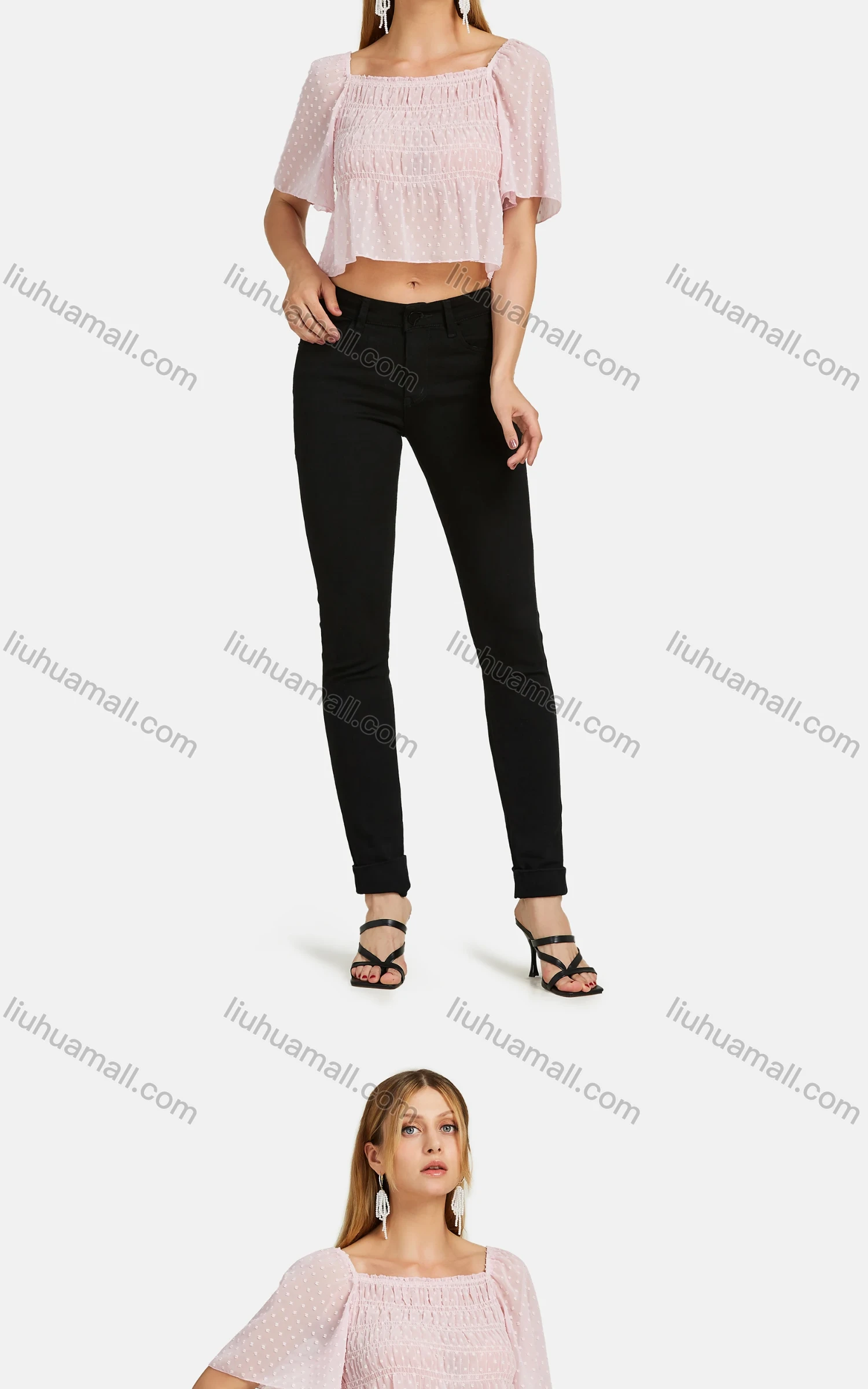 Wholesale Women's Causal Square Neck Solid Swiss Dot Crop Blouse A1625-9486# - Liuhuamall