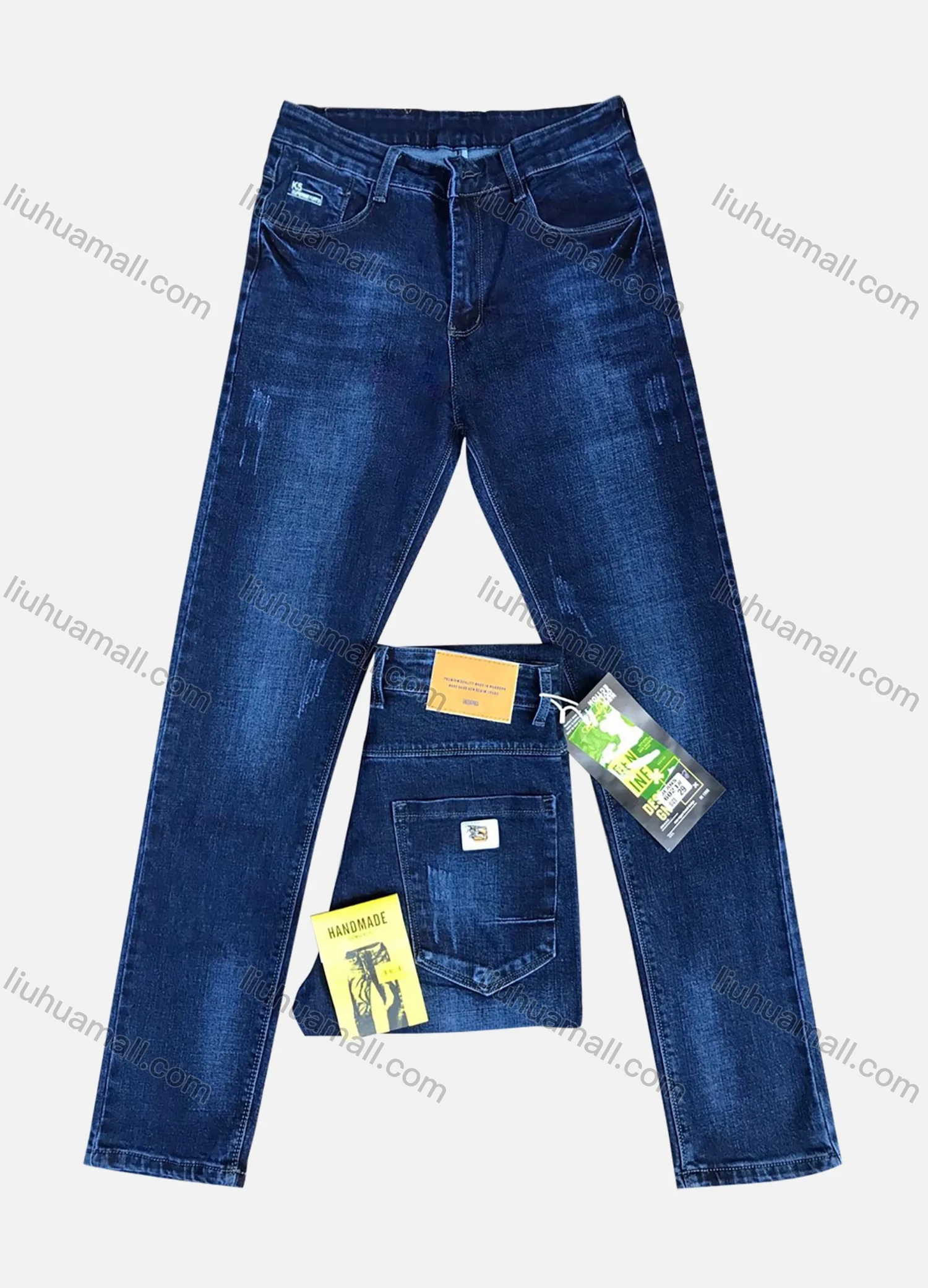 Wholesale Men's Button Pockets Labelled Frayed Plain Thick High Stretch Jean 6021# - Liuhuamall