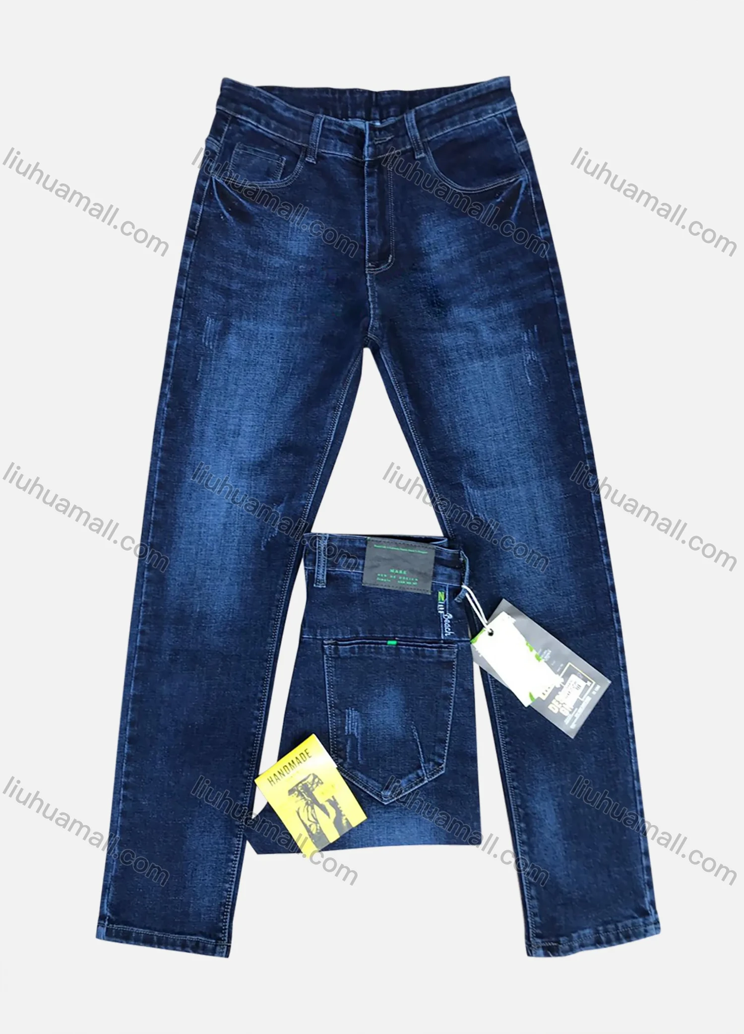 Wholesale Men's Button Pockets Labelled Embroidered Letter Frayed Plain Thick High Stretch Jean 6022# - Liuhuamall