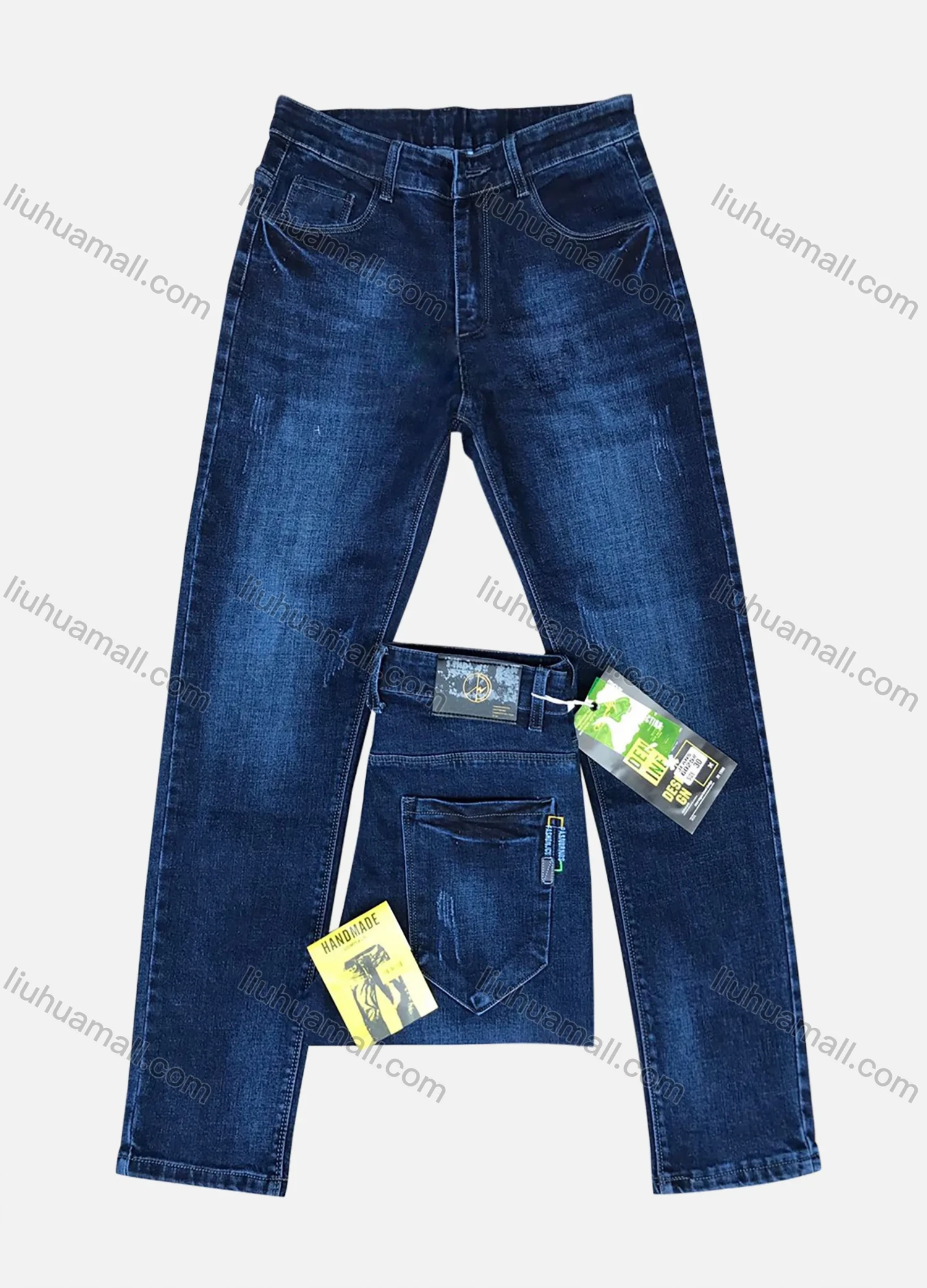 Wholesale Men's Button Pockets Labelled Embroidered Plain Thick High Stretch Jean 6025# - Liuhuamall