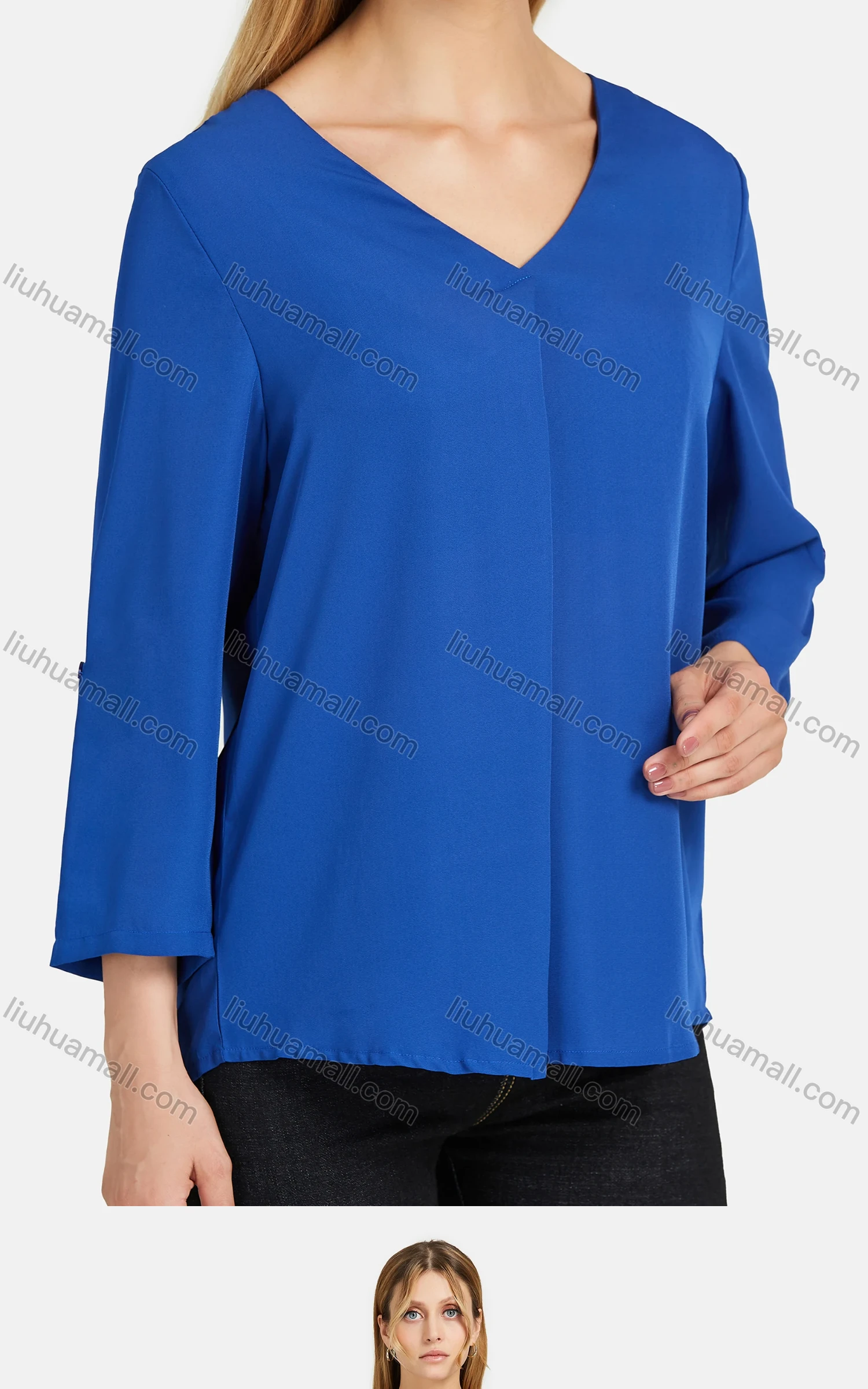 Wholesale Women's V Neck Adjustable Three Quarter Sleeve Ruched Plain Blouse A1625-0919# - Liuhuamall