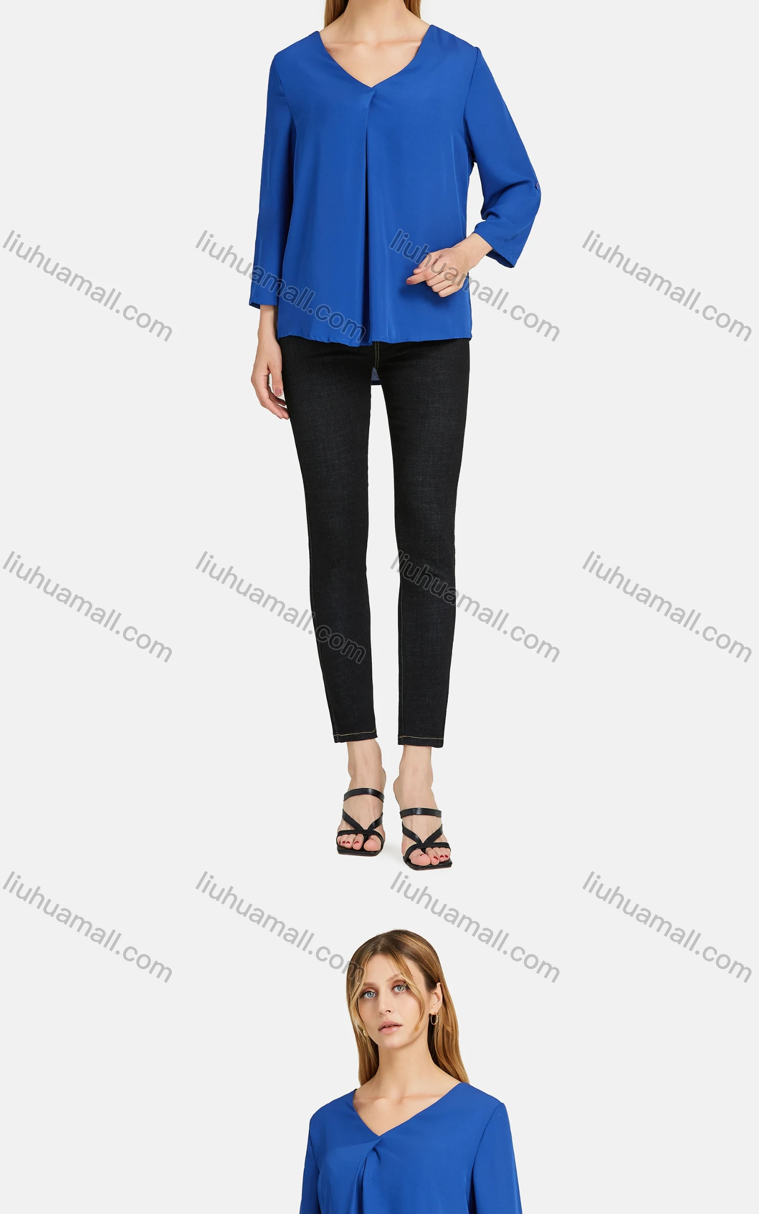 Wholesale Women's V Neck Adjustable Three Quarter Sleeve Ruched Plain Blouse A1625-0919# - Liuhuamall