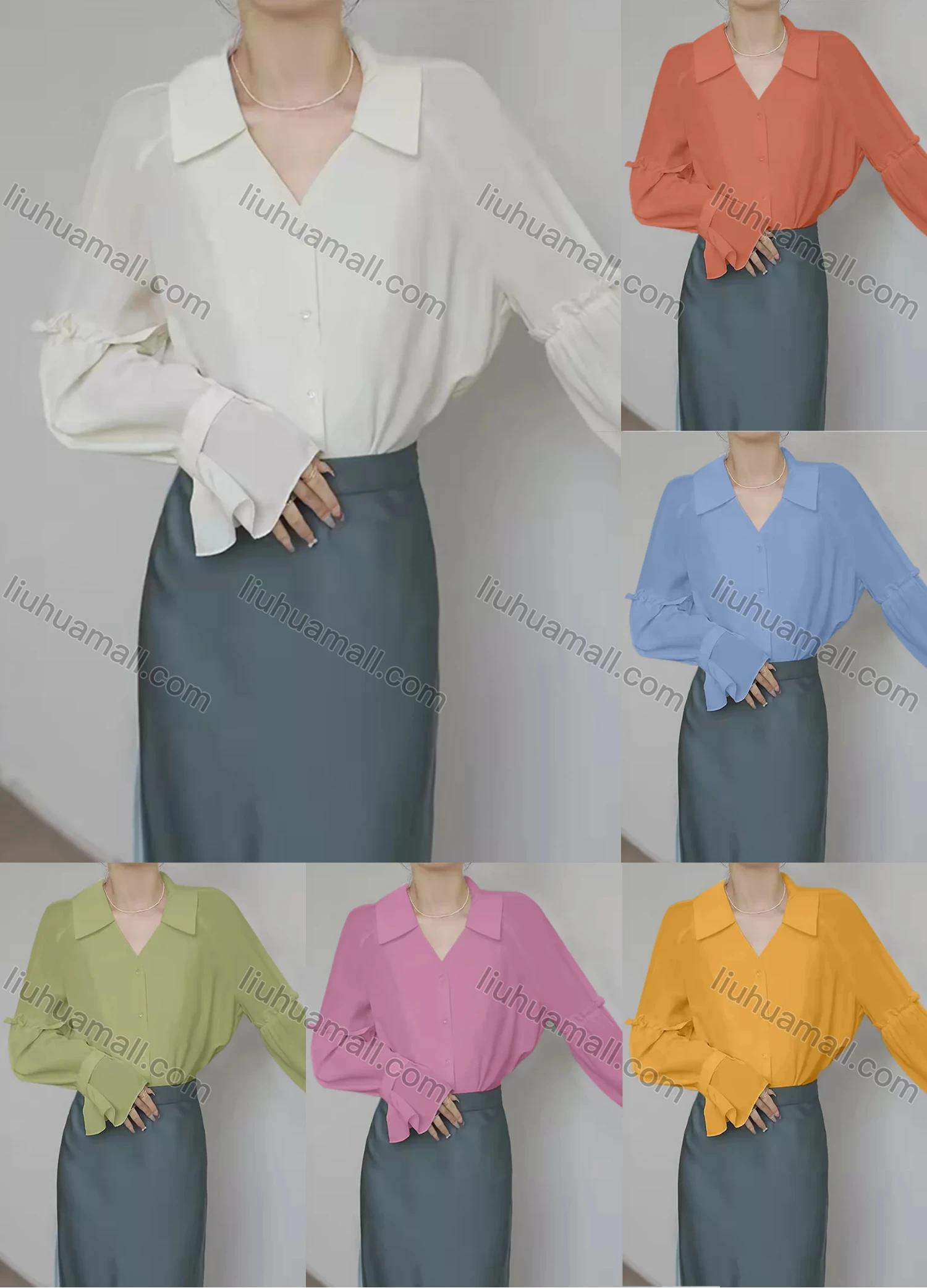 Wholesale Women's Casual V Neck Trumpet Sleeve Button Down Ruffle Trim Plain Blouse 000148# - Liuhuamall