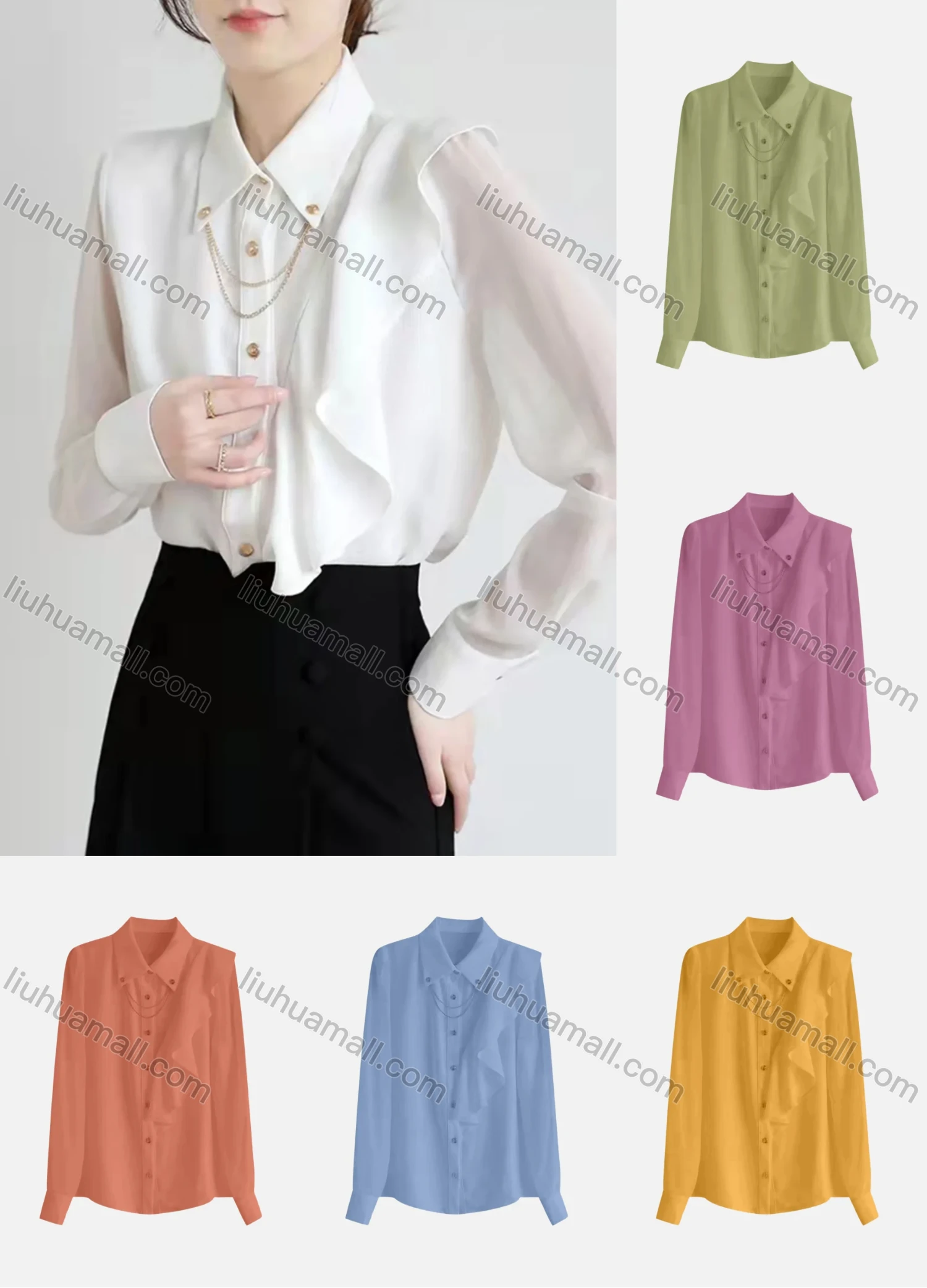 Wholesale Women's Casual Collared Sheer Long Sleeve Chain Decor Ruffle Trim Button Down Plain Shirt 066274# - Liuhuamall