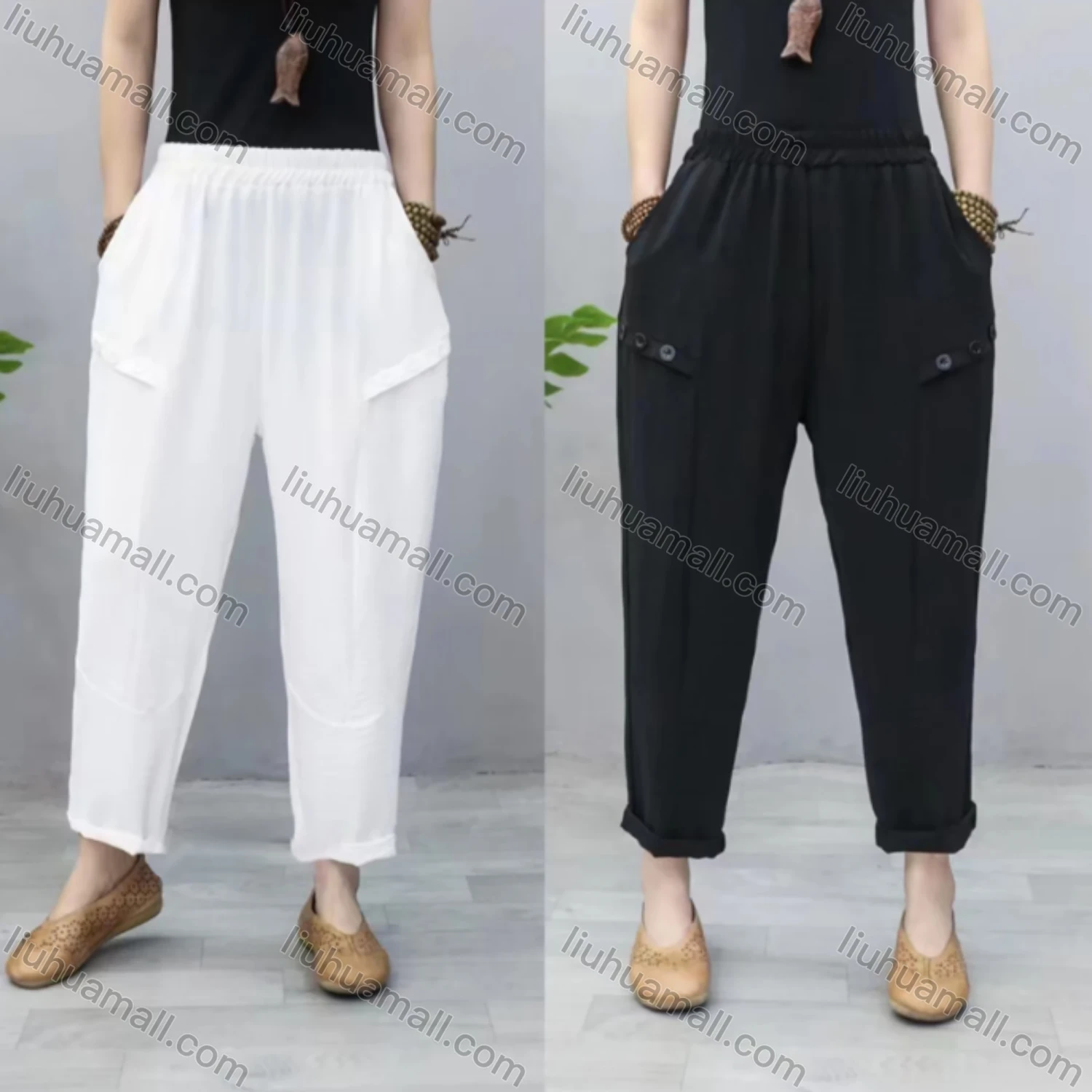 Wholesale Women's Elastic Waist Loose Fit Casual Plain Carrot Pant 2130# - Liuhuamall
