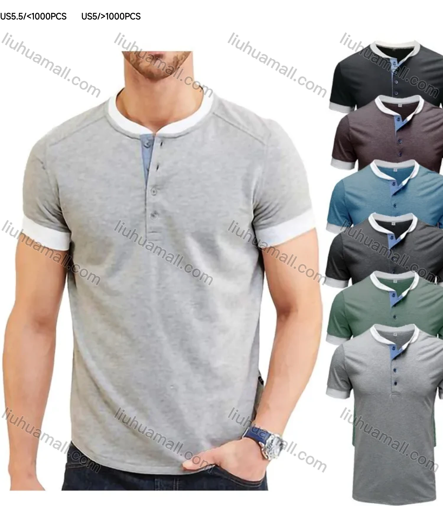 Wholesale Men's Casual Contrast Neck Plain Henley Shirt - Liuhuamall