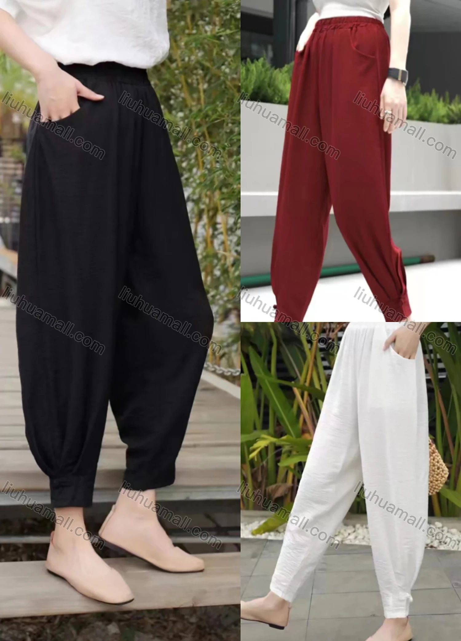 Wholesale Women's Loose Fit Elastic Waist Casual Slant Pocket Carrot Pants 2178# - Liuhuamall