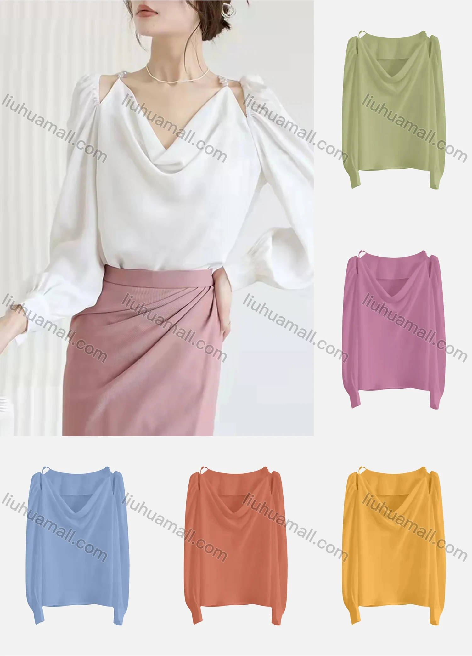 Wholesale Women's Casual Cowl Neck Puff Sleeve Ruched Cold Shoulder Plain Blouse 126212# - Liuhuamall