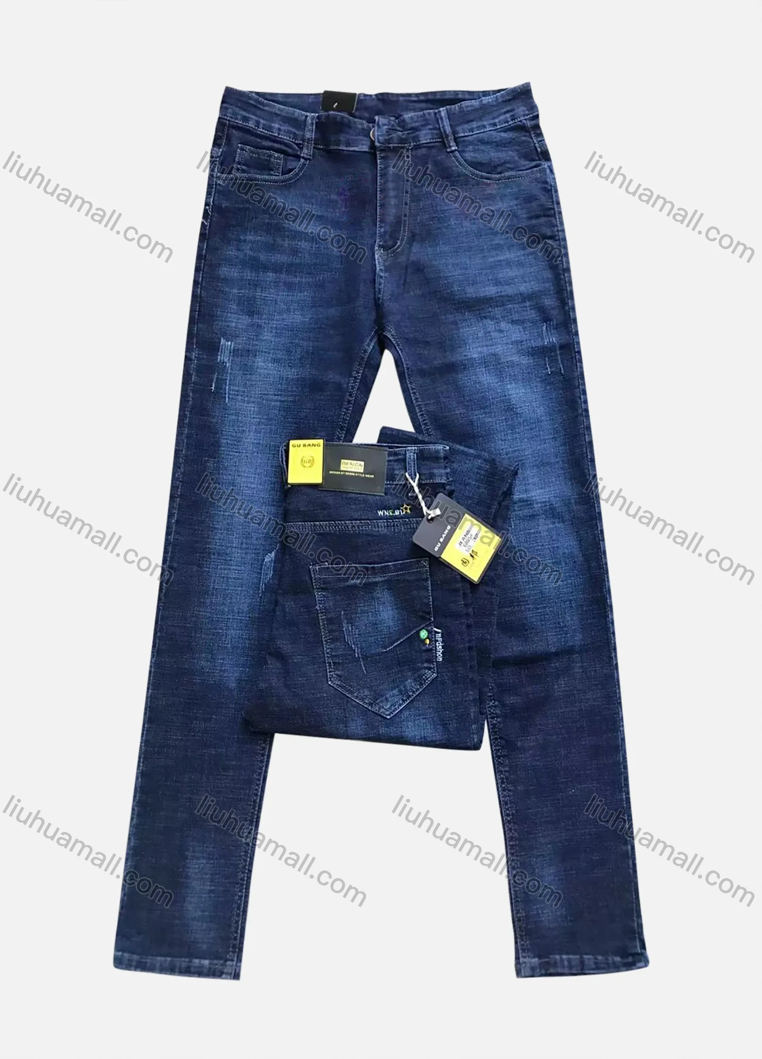 Wholesale Men's Casual Distressed Button Zipper Pockets Labelled Embroidered Letter Plain Jean - Liuhuamall