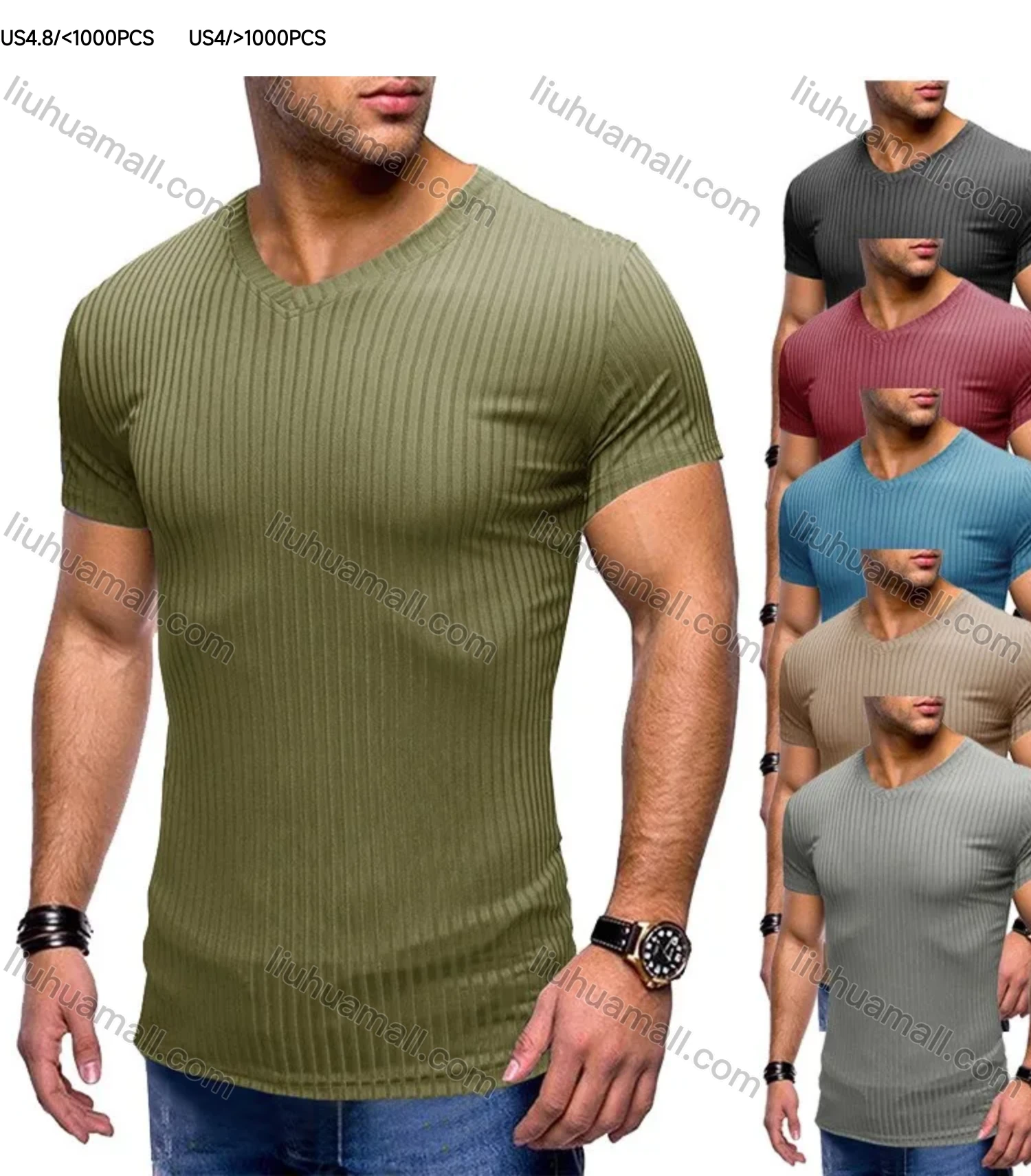 Wholesale Men's Silm Fit Rib-knit V Neck Short Sleeve Plain Tee - Liuhuamall