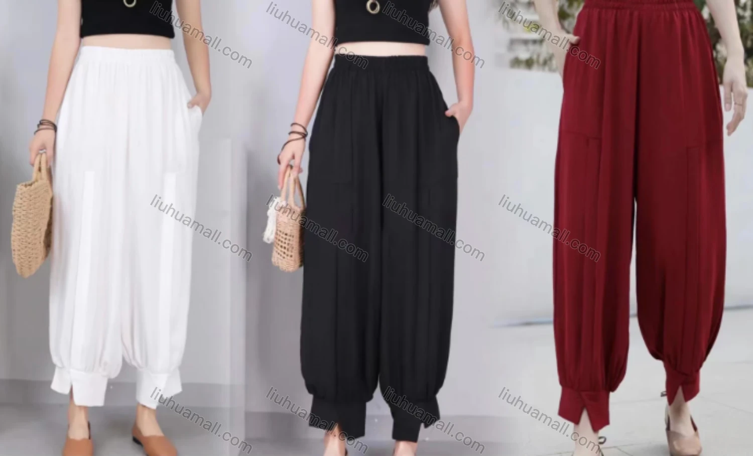 Wholesale Women's Casual Elastic Waist Loose Fit Asymmetrical Hem Carrot Pants 2151# - Liuhuamall