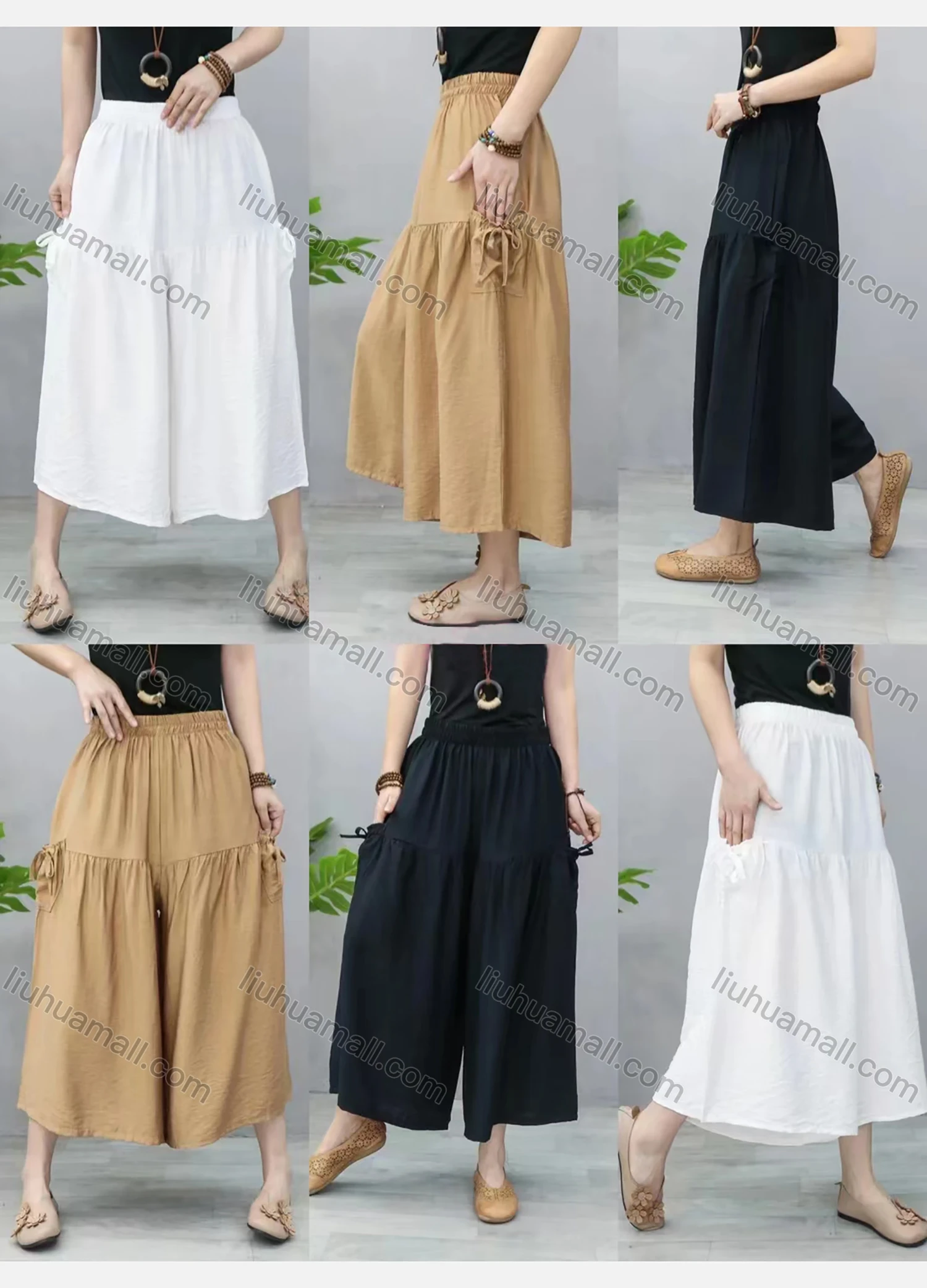 Wholesale Women's Loose Fit Elastic Waist Plain Wide Leg Pants With Patch Pockets 2153# - Liuhuamall