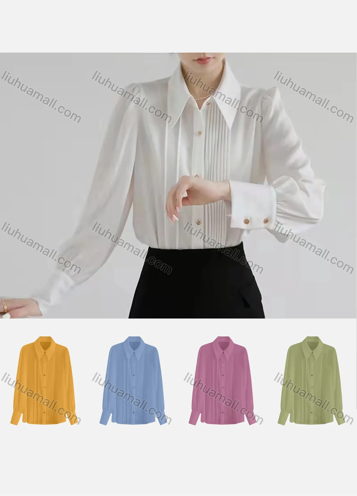 Wholesale Women's Casual Long Sleeve Collared Pleated Ruched Button Down Shirt - Liuhuamall