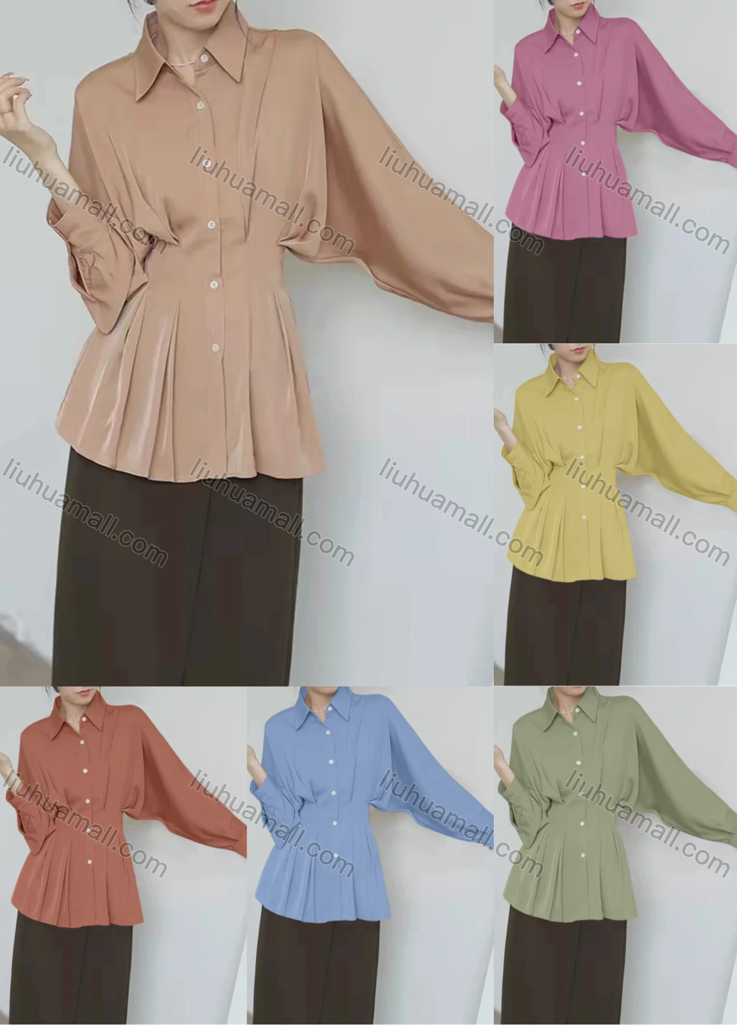 Wholesale Women's Casual Collared Batwing Sleeve Button Down Ruched Plain Peplum Tops - Liuhuamall