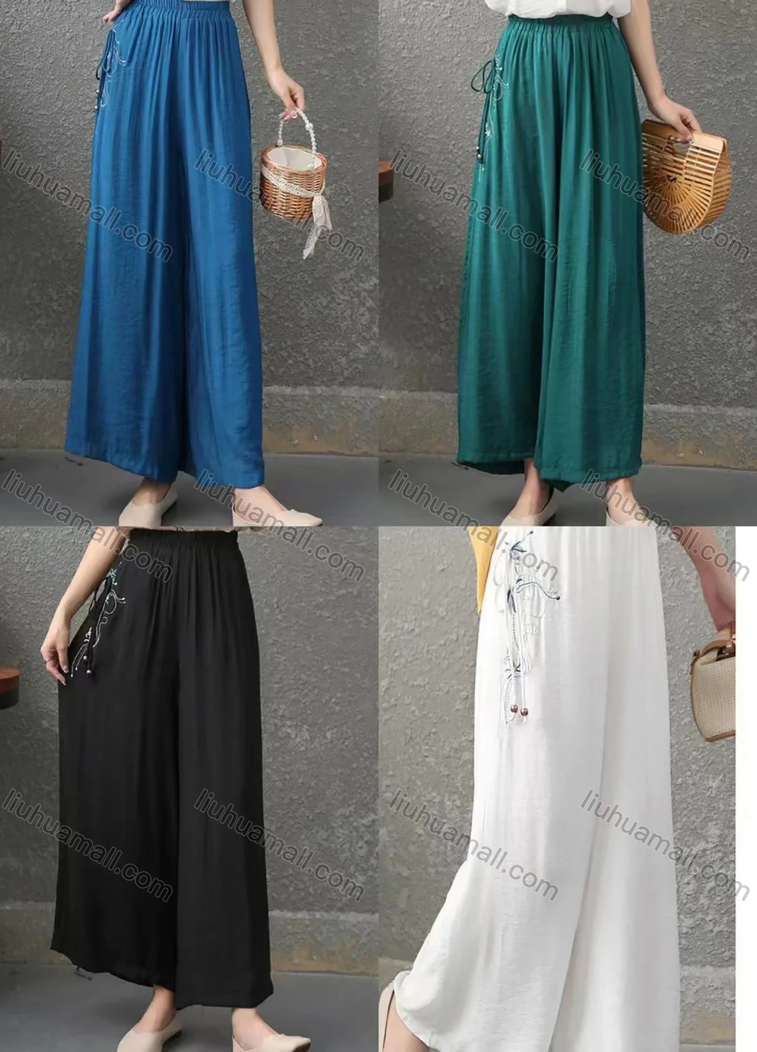 Wholesale Women's Loose Fit Plain Embroidery Wide Leg Pants With Drawstring - Liuhuamall