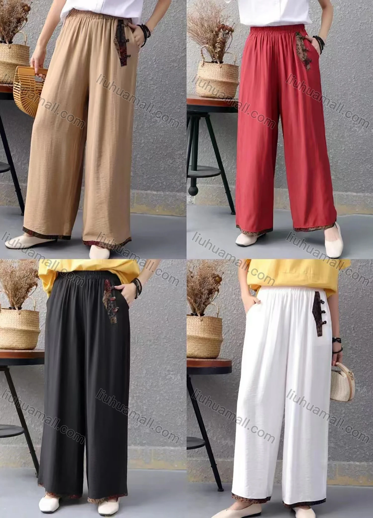 Wholesale Women's Loose Fit Elastic Waist Splicing Patchwork Wide Leg Pants - Liuhuamall
